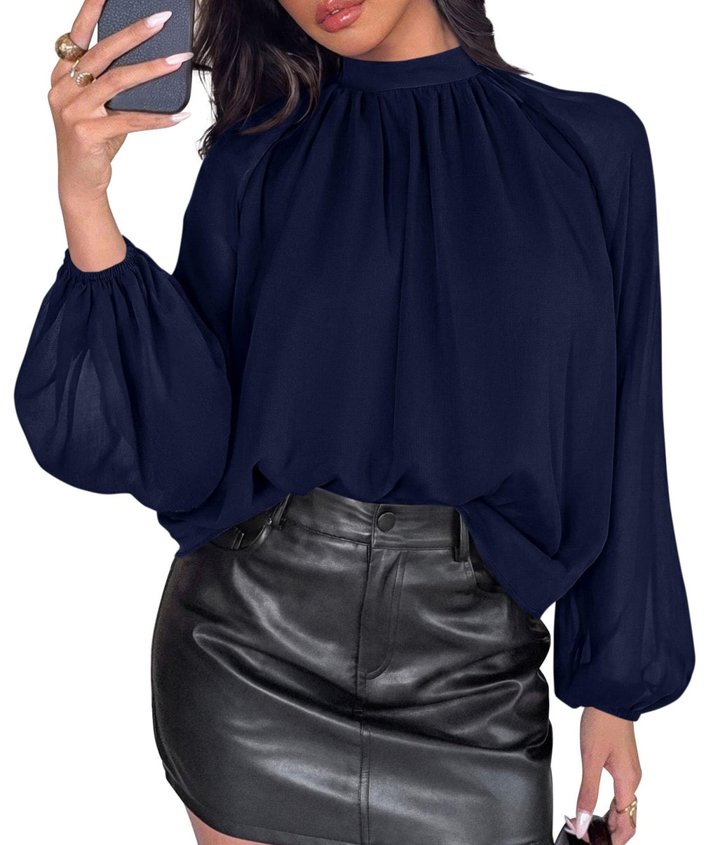 PRETTYGARDEN Chiffon Blouses for Women Dressy Casual Mock Neck Tops
