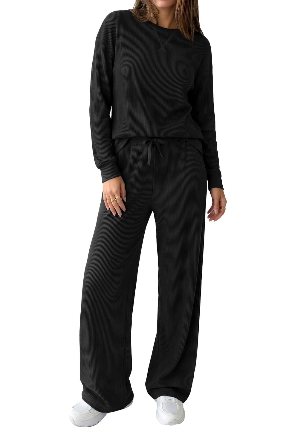 PRETTYGARDEN Sweatsuits Women 2 Piece Airport Travel Outfits | Ribbed Knit Lounge Sets, Casual Athleisure Wear, Matching Long Sleeve Shirts & Wide Leg Pants Pockets, Fall Winter Clothes
