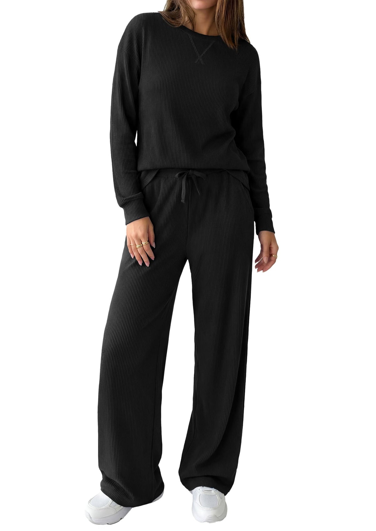 PRETTYGARDEN Sweatsuits Women 2 Piece Airport Travel Outfits | Ribbed Knit Lounge Sets, Casual Athleisure Wear, Matching Long Sleeve Shirts & Wide Leg Pants Pockets, Fall Winter Clothes