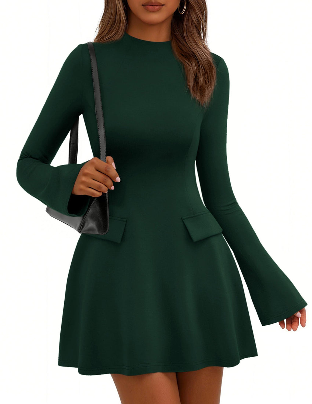 PRETTYGARDEN Women's Elegant Holiday Short Dress  Fall Bell Long Sleeve Mock Neck Work Business Casual Party Mini Dress