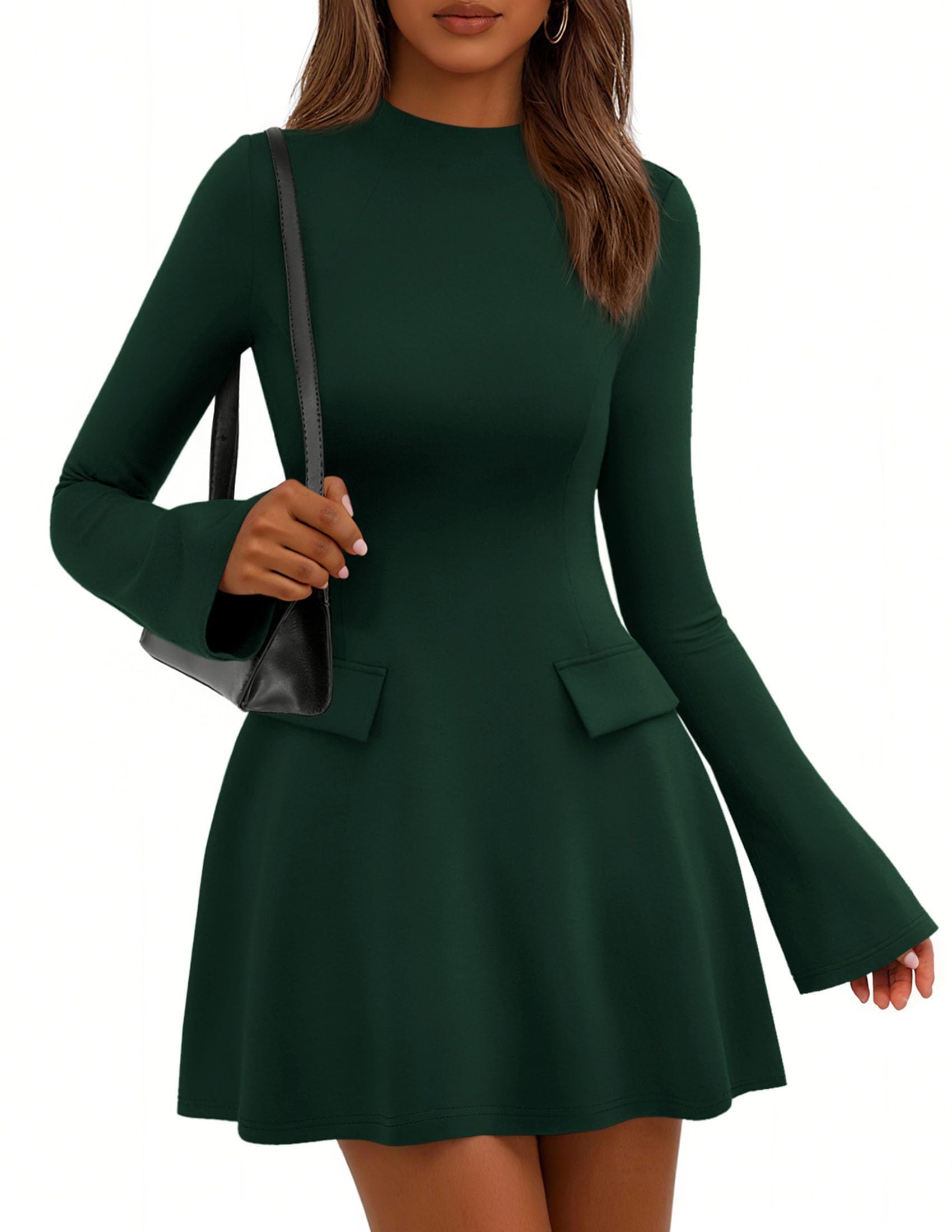 PRETTYGARDEN Women's Elegant Holiday Short Dress  Fall Bell Long Sleeve Mock Neck Work Business Casual Party Mini Dress