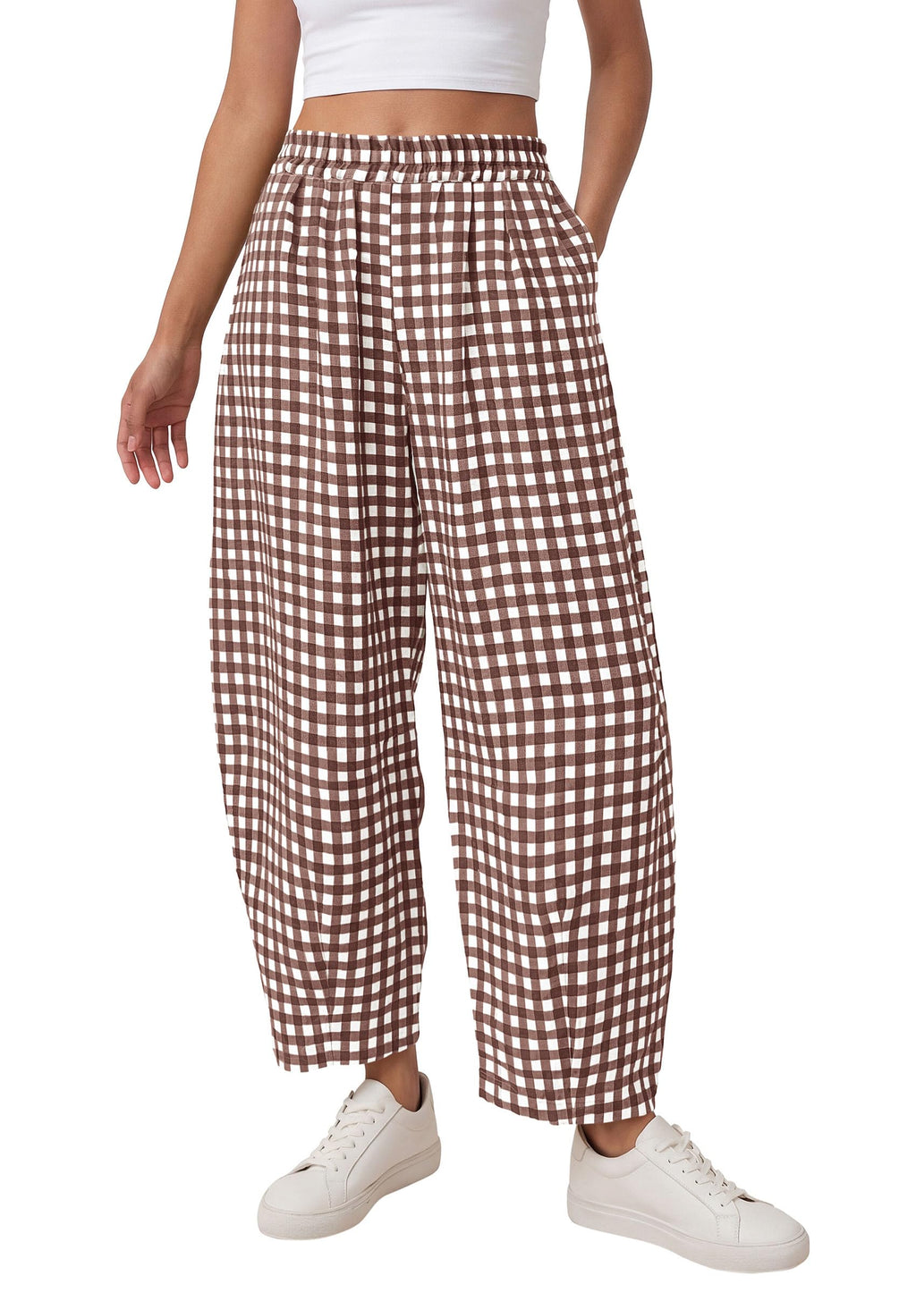 PRETTYGARDEN Plaid Barrel Pants Women Summer Casual Loose Wide Leg Lounge Gingham Trousers Spring Fashion Beach Bottoms