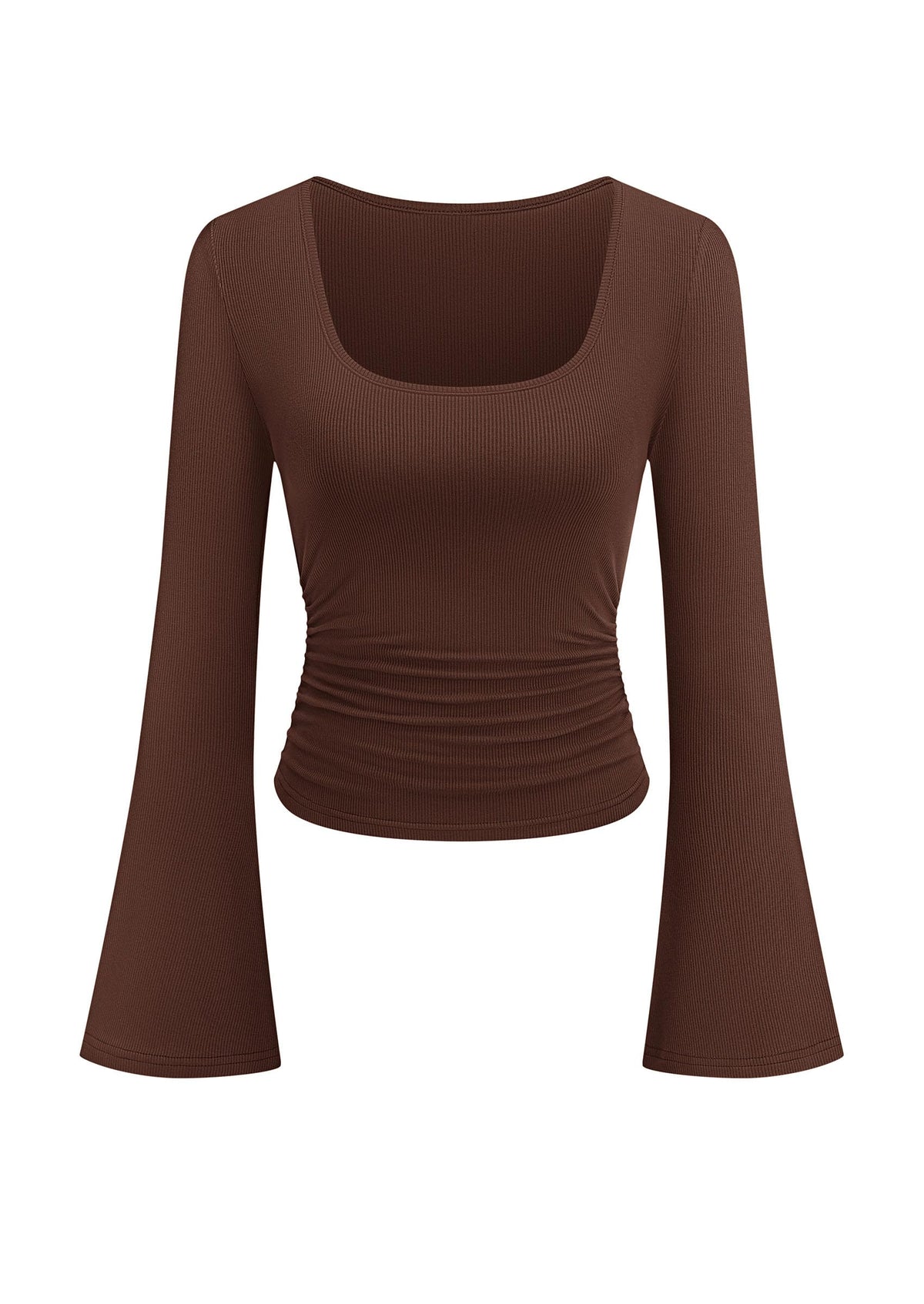 PRETTYGARDEN Womens Bell Long Sleeve Shirts Going Out Tops | Soft Stretchy Ribbed Knit, Square Neck, Slim Fit Y2K Clothes, Trendy Side Ruched, Layering Tee for Casual Fall & Winter Wear