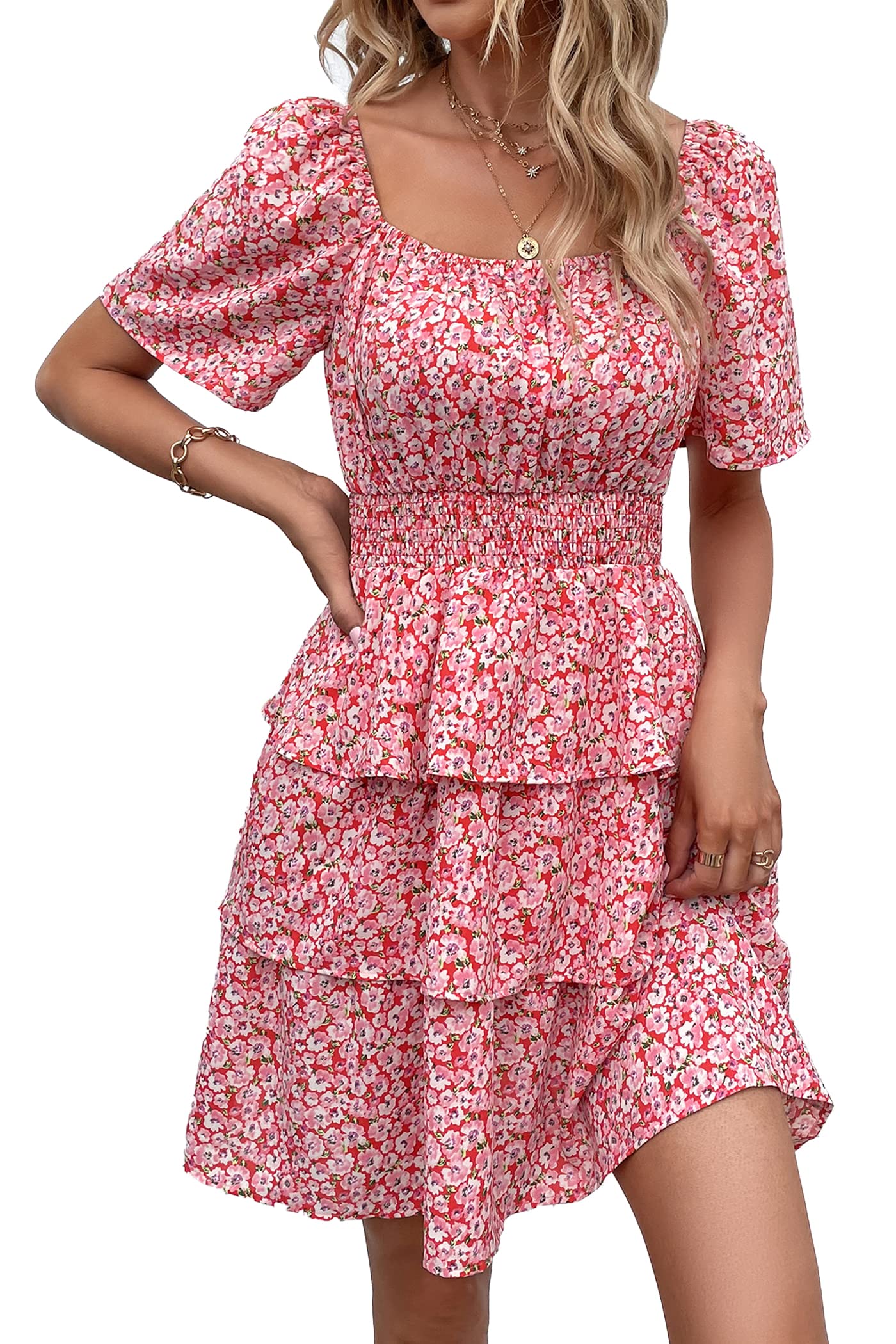 PRETTYGARDEN Women's  Floral Summer Short Dress Square Neck Short Sleeve Tiered Ruffle Boho Swing Dresses