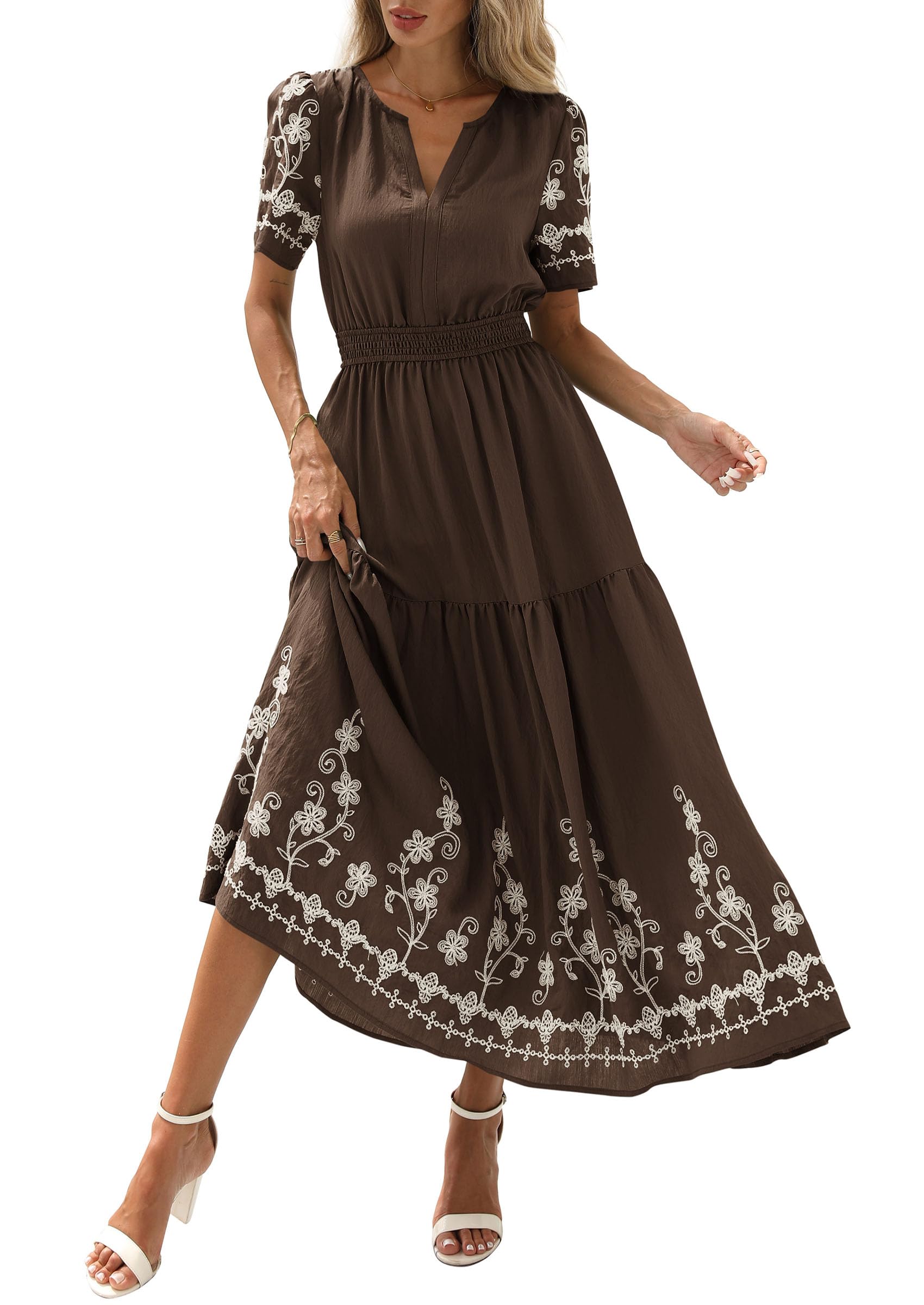 PRETTYGARDEN Women's Summer Boho Maxi Dress Spring Floral Short Sleeve V Neck A Line Flowy Beach Wedding Guest Dresses
