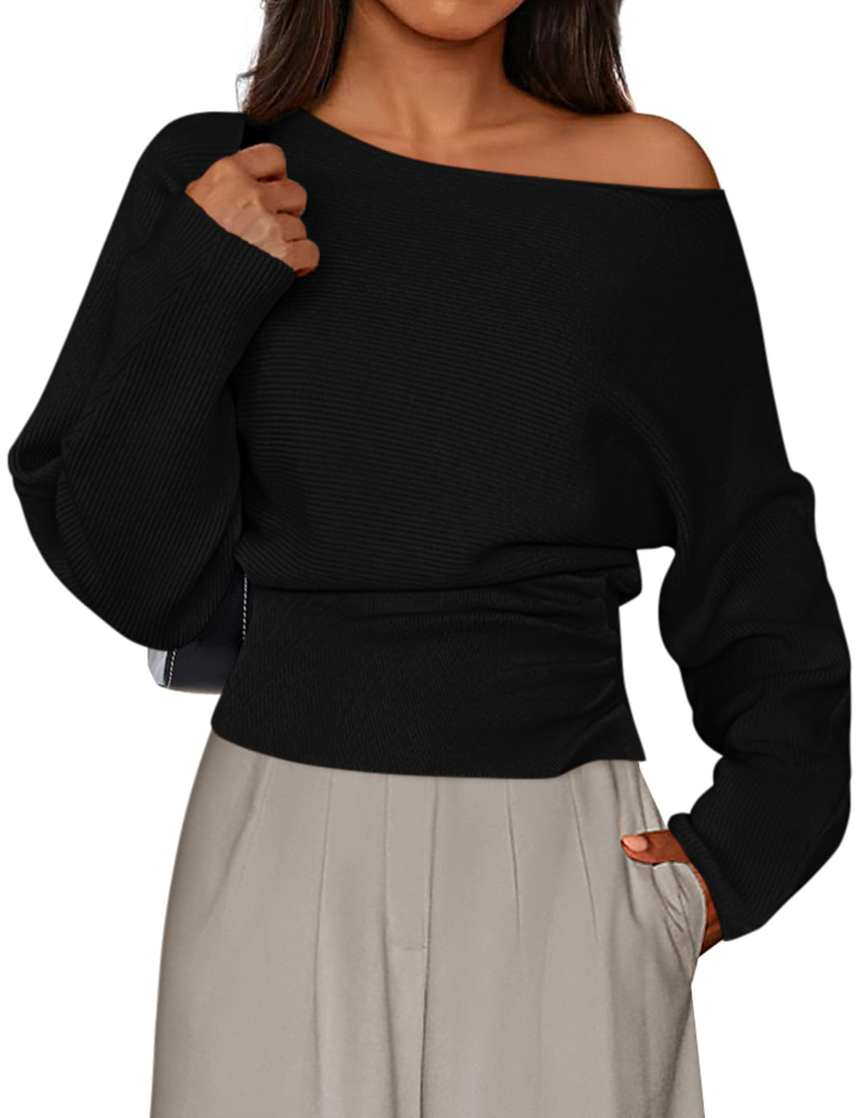 PRETTYGARDEN Women Off the Shoulder Sweater  Fall Trendy Long Batwing Sleeve Knit Pullover Going Out Tops Winter Clothing