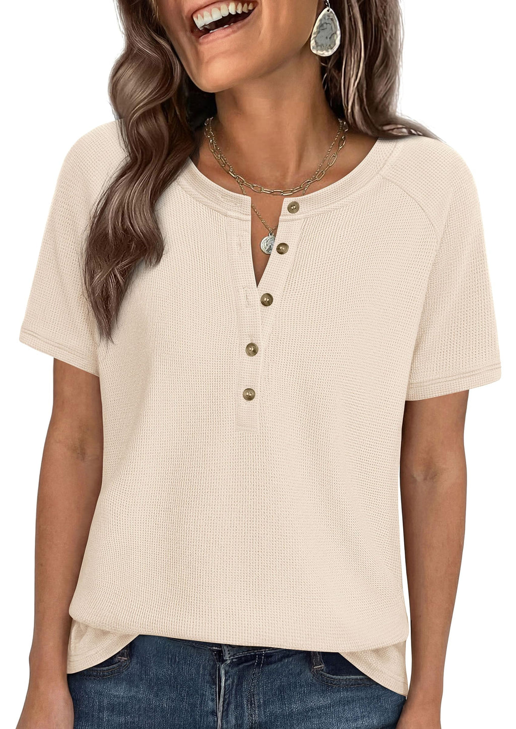 PRETTYGARDEN Waffle Knit Tops for Women Short Sleeve Henley Shirts  Summer Blouses Dressy Casual Spring Fashion Clothes