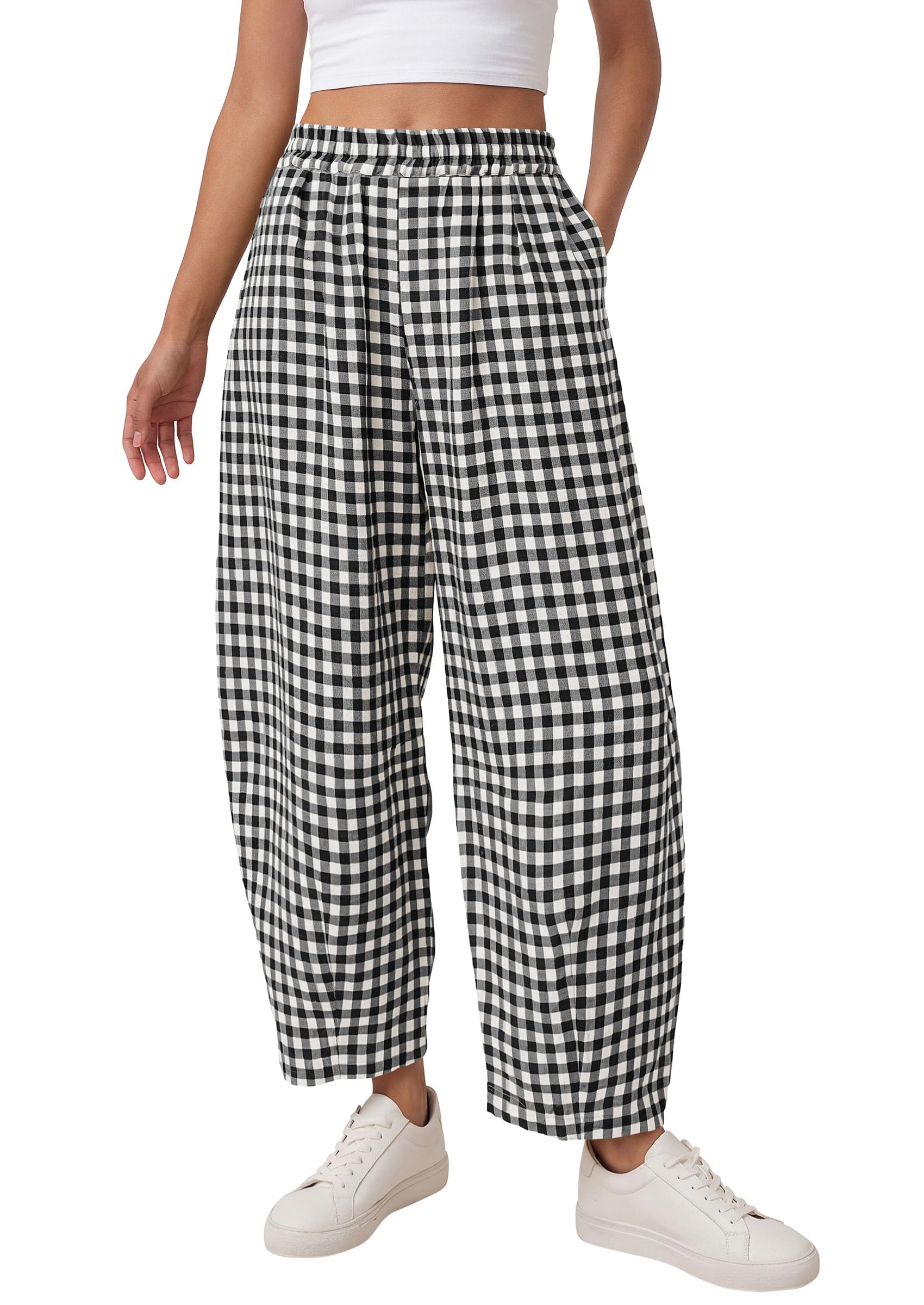 PRETTYGARDEN Plaid Barrel Pants Women Summer Casual Loose Wide Leg Lounge Gingham Trousers Spring Fashion Beach Bottoms