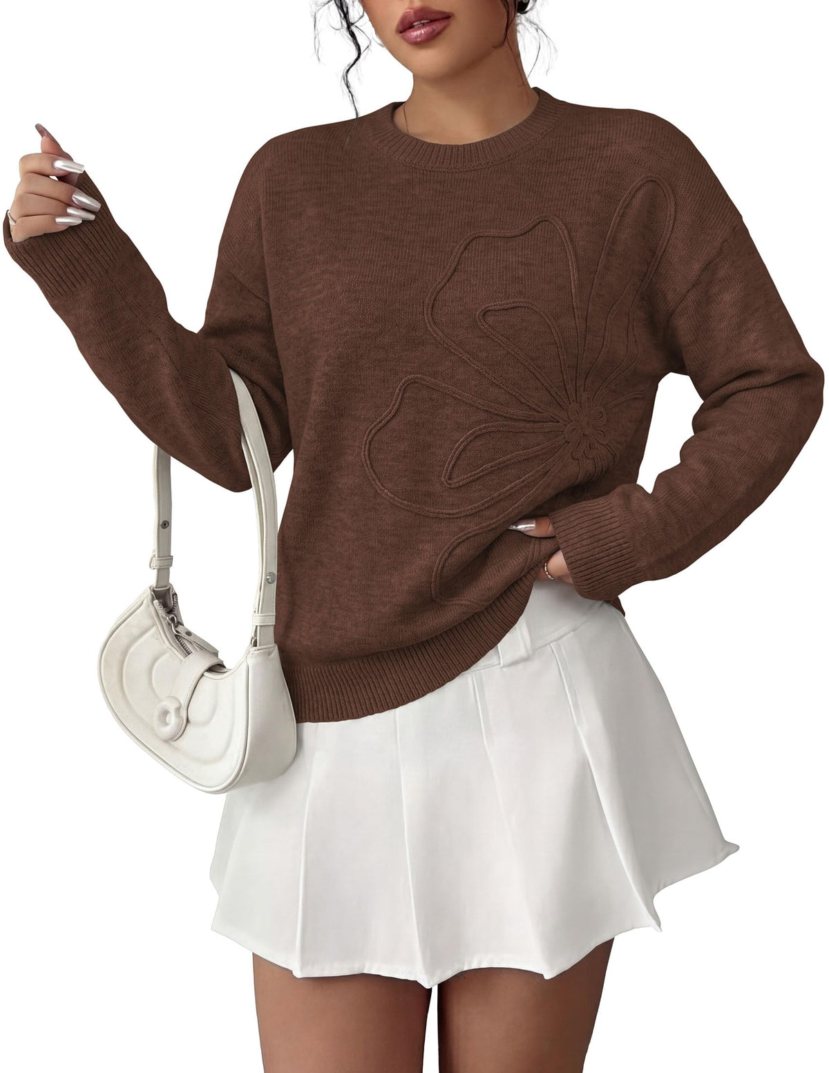 PRETTYGARDEN Women Fall Sweaters Trendy Floral Knit Pullover | Flower Embroidered Tops, Crew Neck, Soft Long Sleeve Shirts, Cozy Winter Layering Clothes for Casual Outing, Holiday Party