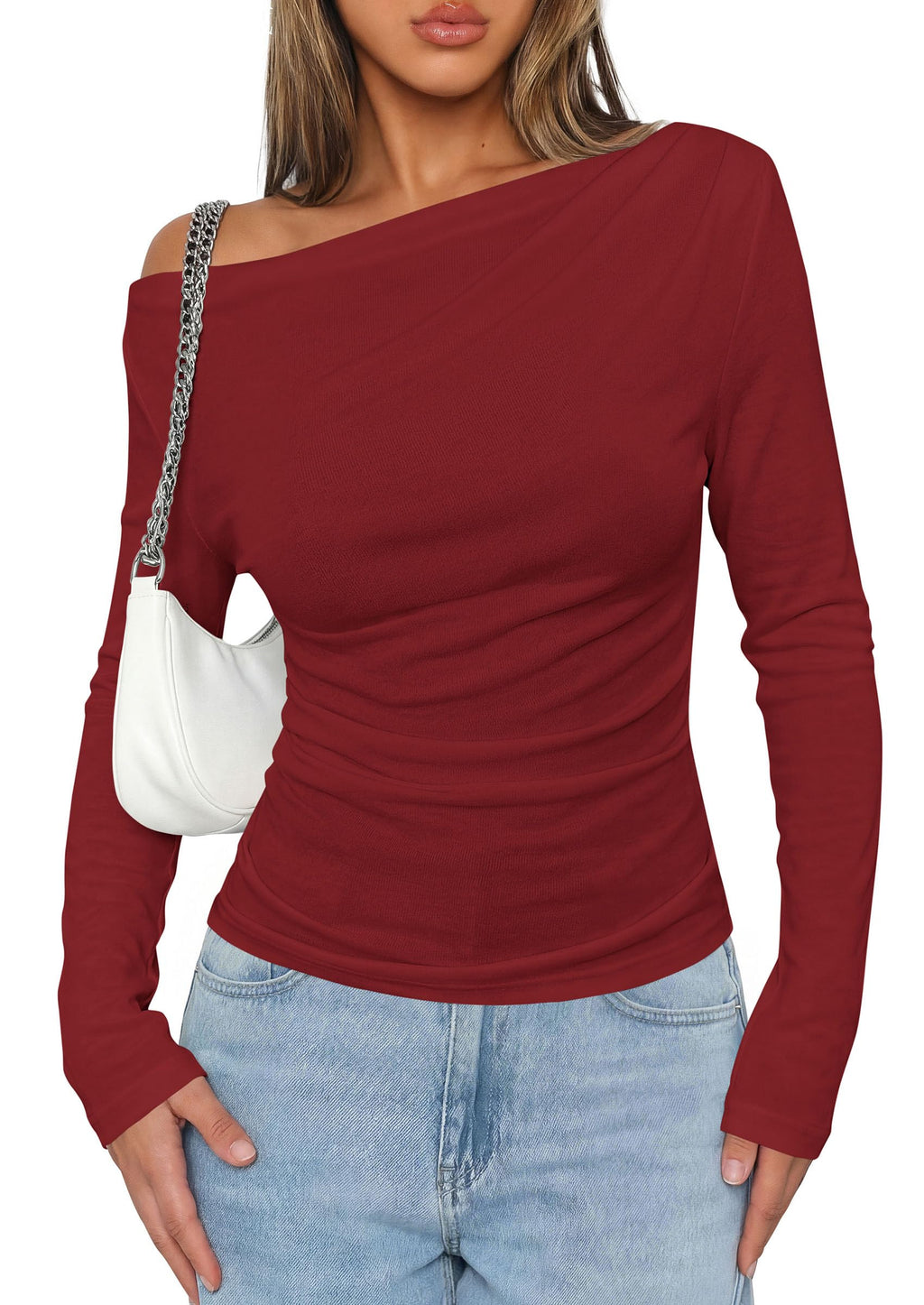 PRETTYGARDEN Womens Off The Shoulder Tops Long Sleeve Shirts | Going Out Tops, Ruched Slim Fit Asymmetrical Neck, Cute Date Night Outfits, Work Dressy Blouses, Fall Fashion Winter Clothes