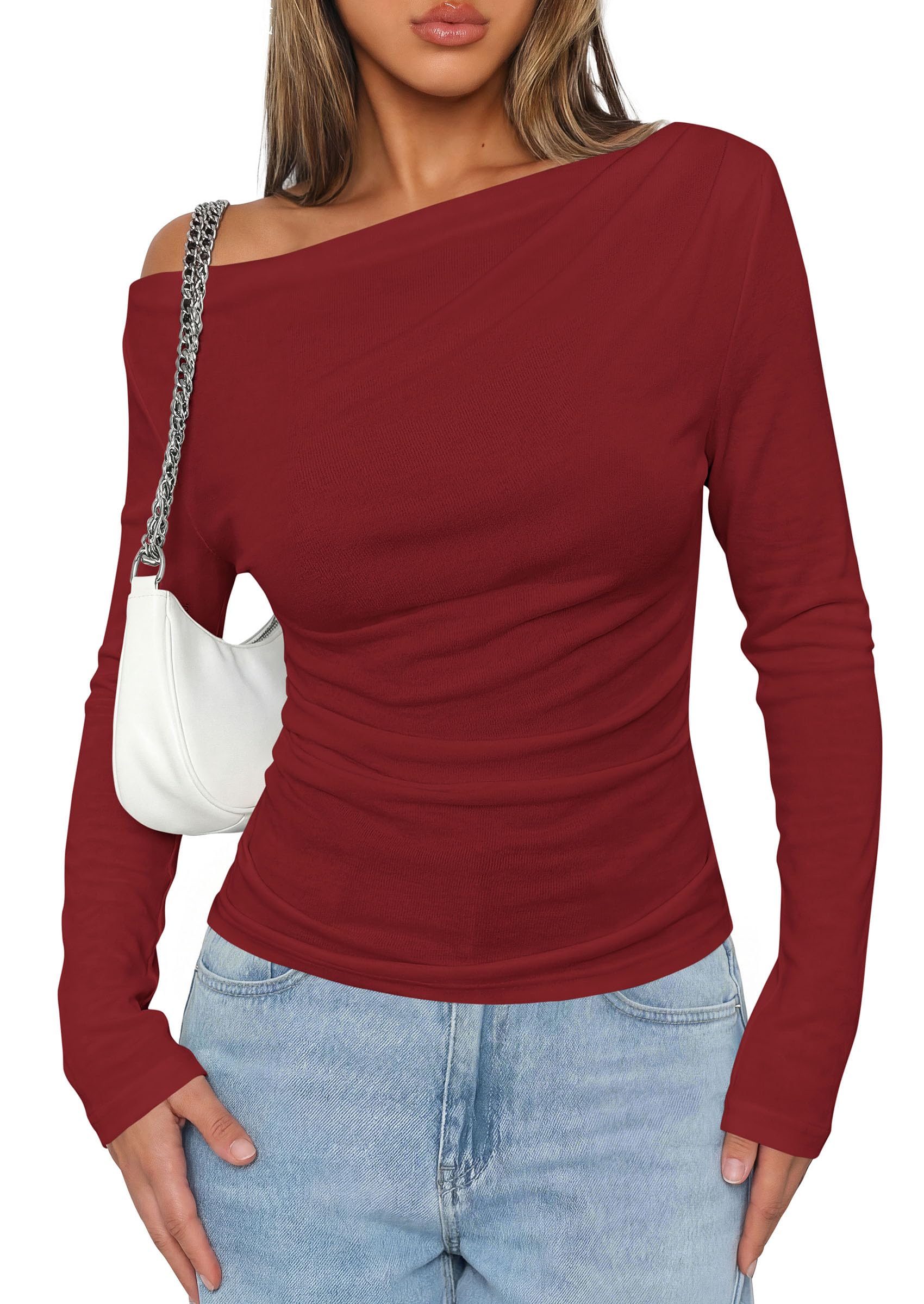 PRETTYGARDEN Womens Off The Shoulder Tops Long Sleeve Shirts | Going Out Tops, Ruched Slim Fit Asymmetrical Neck, Cute Date Night Outfits, Work Dressy Blouses, Fall Fashion Winter Clothes