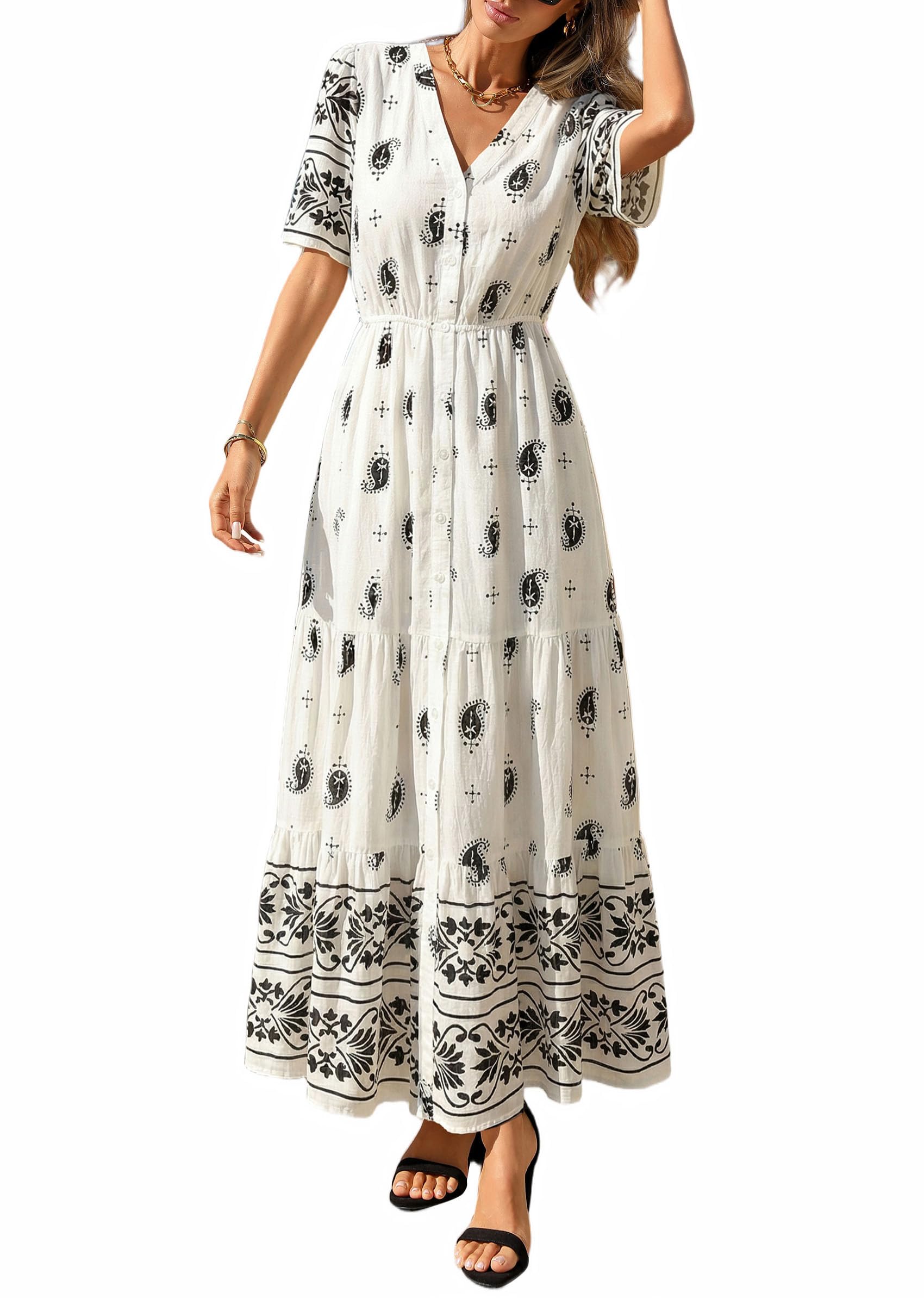 PRETTYGARDEN Womens Summer Boho Maxi Dress Trendy Short Sleeve V Neck Flowy Beach Floral Dresses with Pockets