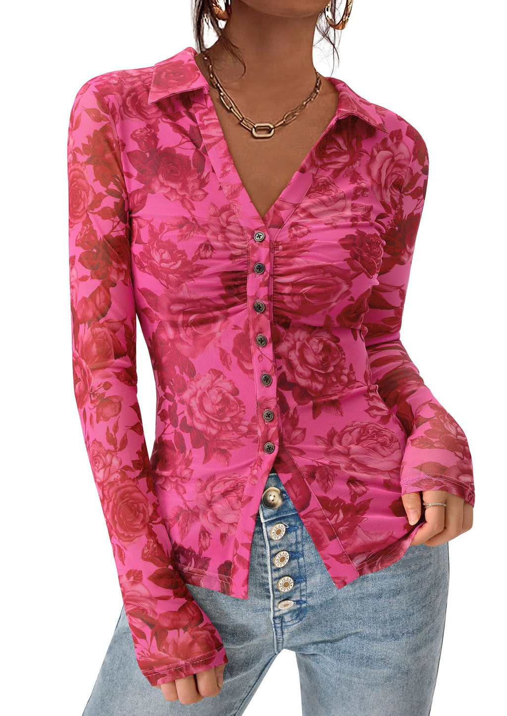 PRETTYGARDEN Women Button Down Floral Shirts Fall Trendy Long Sleeve V Neck Mesh Boho Blouse Spring Tops Date Outfits