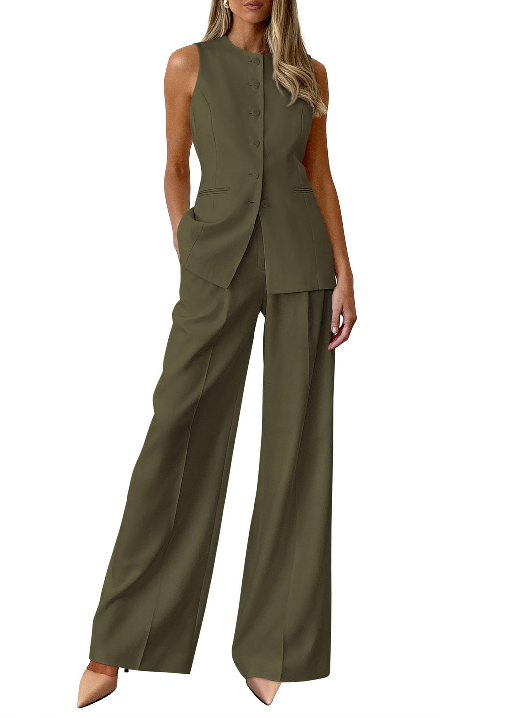 PRETTYGARDEN Women's 2 Piece Sets Summer  Work Clothes Sleeveless Blazer Vest Pants Suits Spring Business Casual Outfits