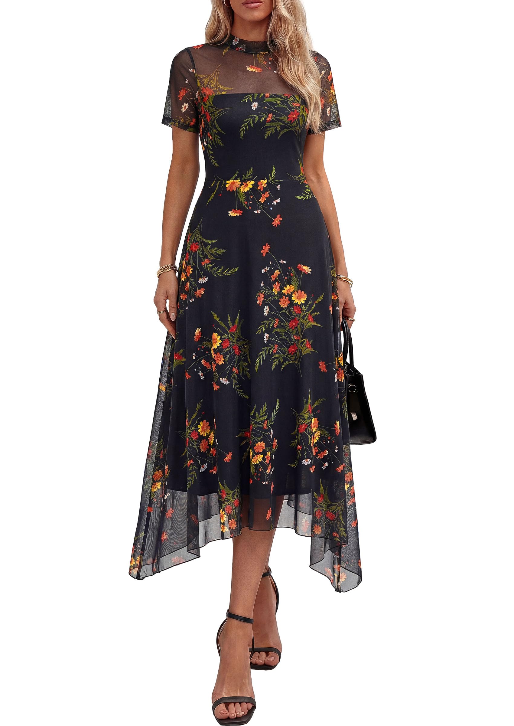 PRETTYGARDEN Cocktail Dresses for Women  Summer Short Sleeve Floral Mesh Sheer Midi Party Wedding Guest Dress