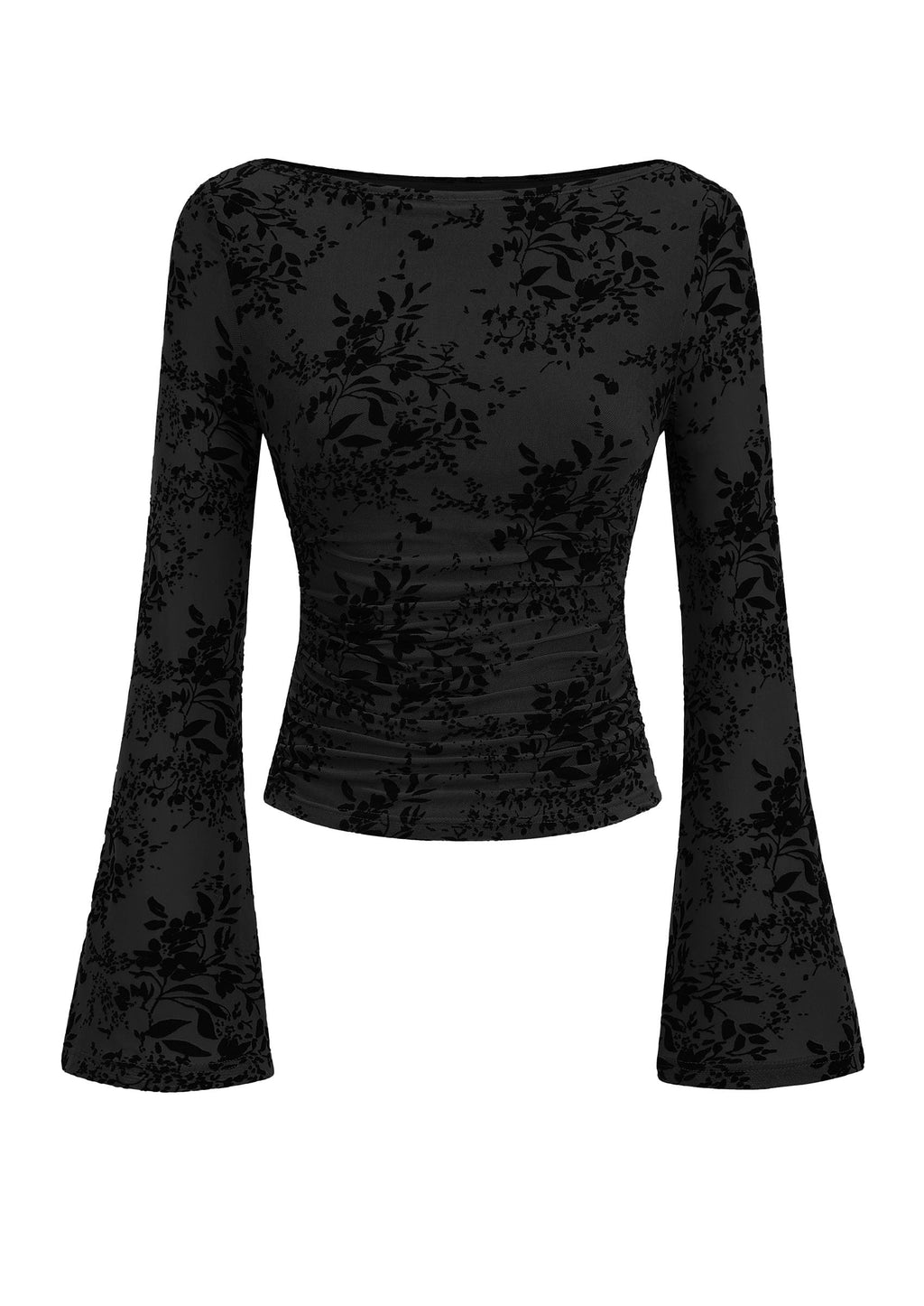 PRETTYGARDEN Women's Bell Sleeve Floral Mesh Crop Tops