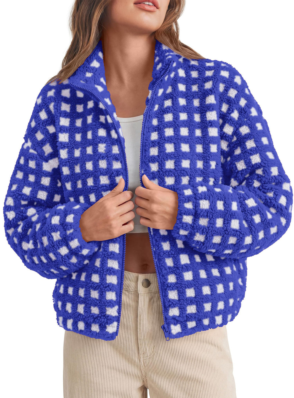 PRETTYGARDEN Women's Gingham Sherpa Fleece Jacket Plaid Cropped Teddy Coat Trendy Y2K Winter Jacket, Zip Up Stand Collar, Side Pockets, Fall Outfit for Casual Daily, Going Out, Streetwear, Outdoor
