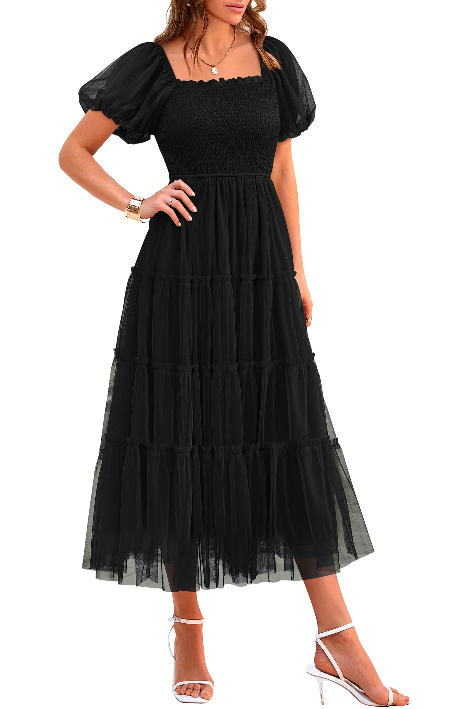 PRETTYGARDEN Women's Smocked Midi Tulle Dress  Summer Puffy Short Sleeve Square Neck Ruffle Wedding Guest Party Dresses
