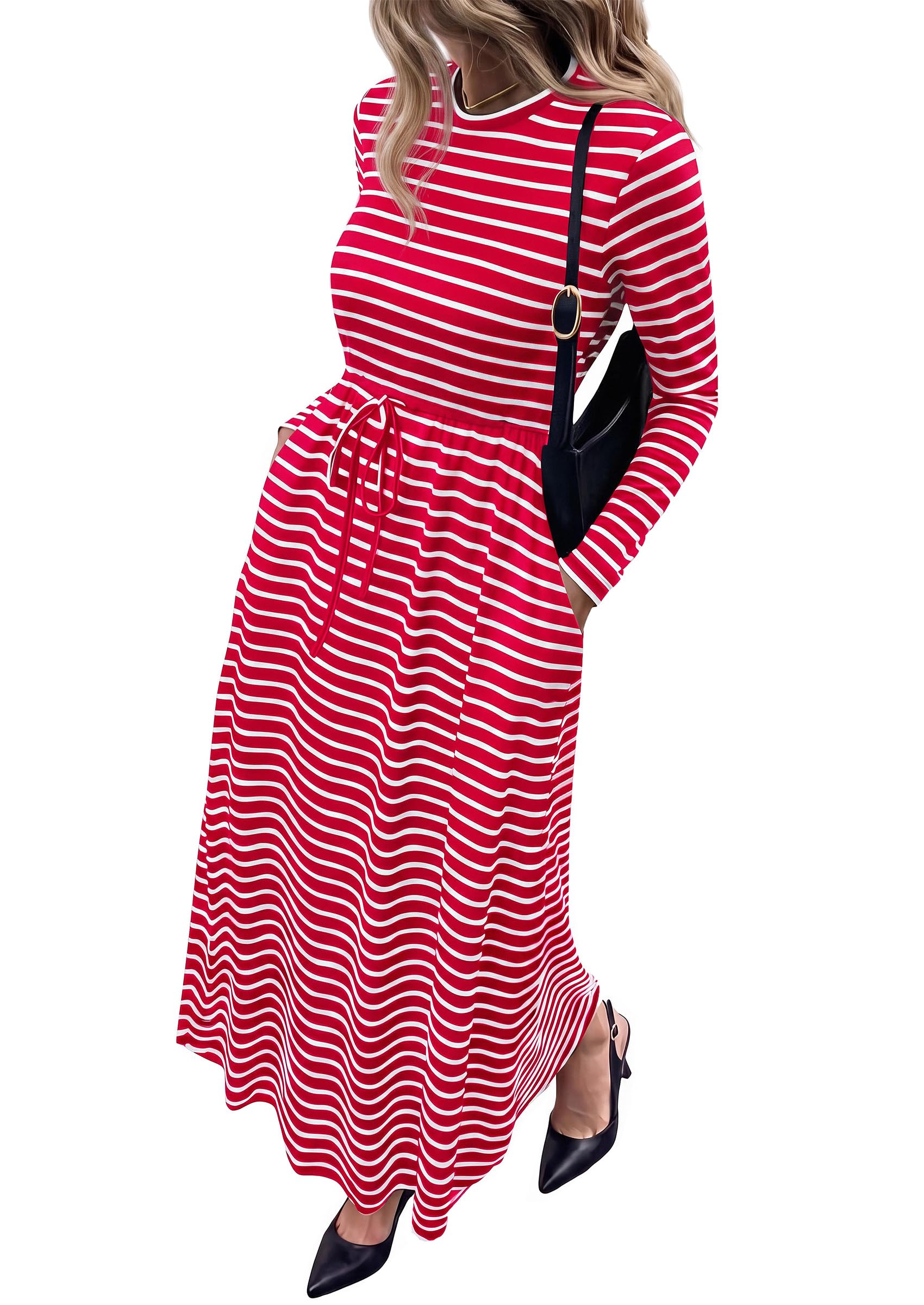 FreshPretty Long Sleeve Maxi Dresses for Women Fall Casual Loose Striped Dress|Cotton T Shirt Dress, Loose Fit Dress with Pocket, Business Casual Work Teacher, Fall Outfits