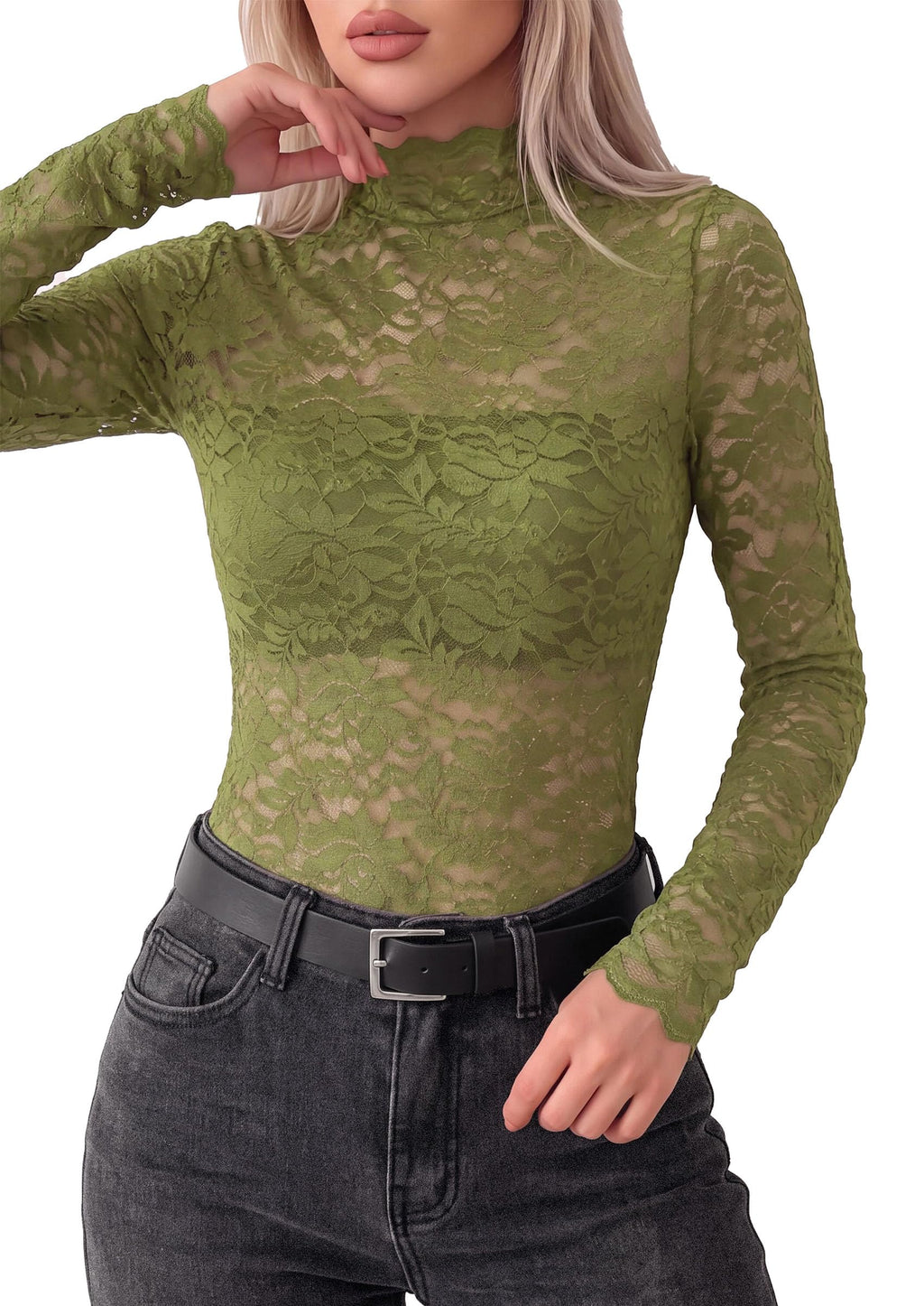 PRETTYGARDEN Womens Lace Long Sleeve Tops Sheer Mesh Blouse | Mock Neck Floral See Through, Slim Fitted, Soft Stretchy Elegant, Going Out Concert, Club Party Outfits, Fall Fashion Clothes