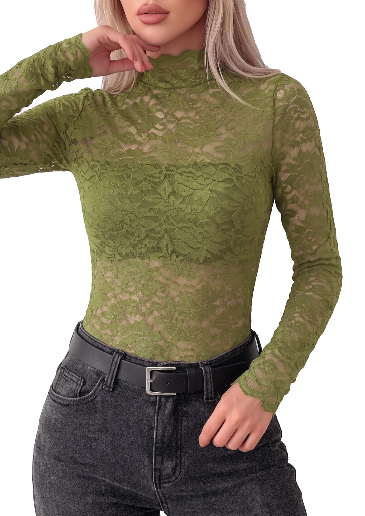 PRETTYGARDEN Womens Lace Long Sleeve Tops Sheer Mesh Blouse | Mock Neck Floral See Through, Slim Fitted, Soft Stretchy Elegant, Going Out Concert, Club Party Outfits, Fall Fashion Clothes