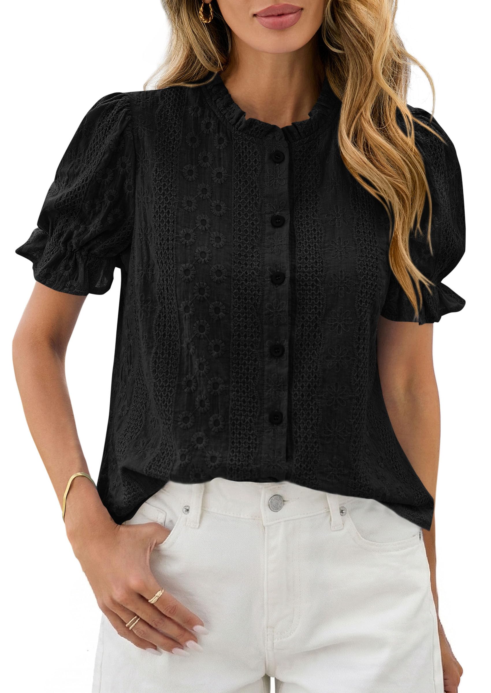 PRETTYGARDEN Womens Puff Short Sleeve Tops  Summer Spring Button Down Boho Embroidered Cute Blouse Dressy Casual Shirts