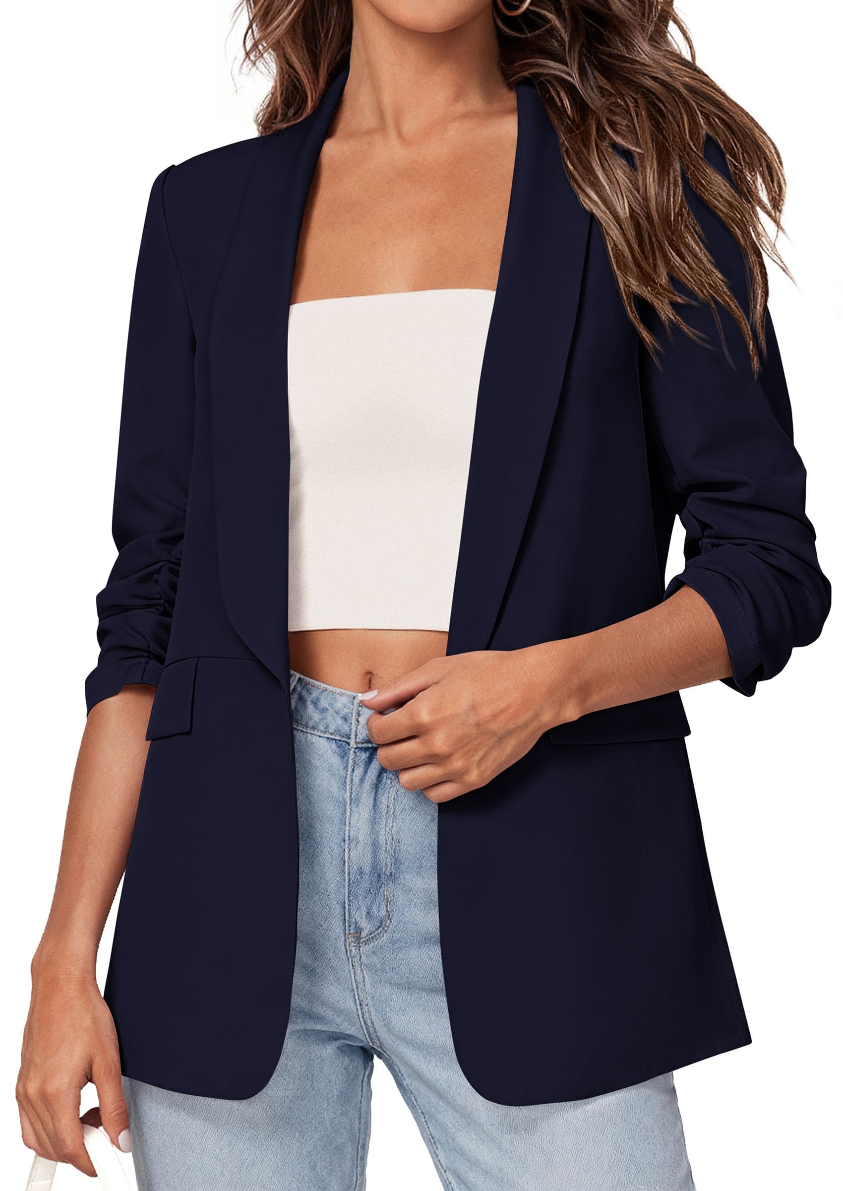 PRETTYGARDEN Women's Summer Blazers Business Casual Outfits | Ruched 3/4 Sleeve,Shawl Lapel,Collared Open Front,Padded Shoulder,Lightweight Jackets,Office Work Suits,Spring Fall Clothes