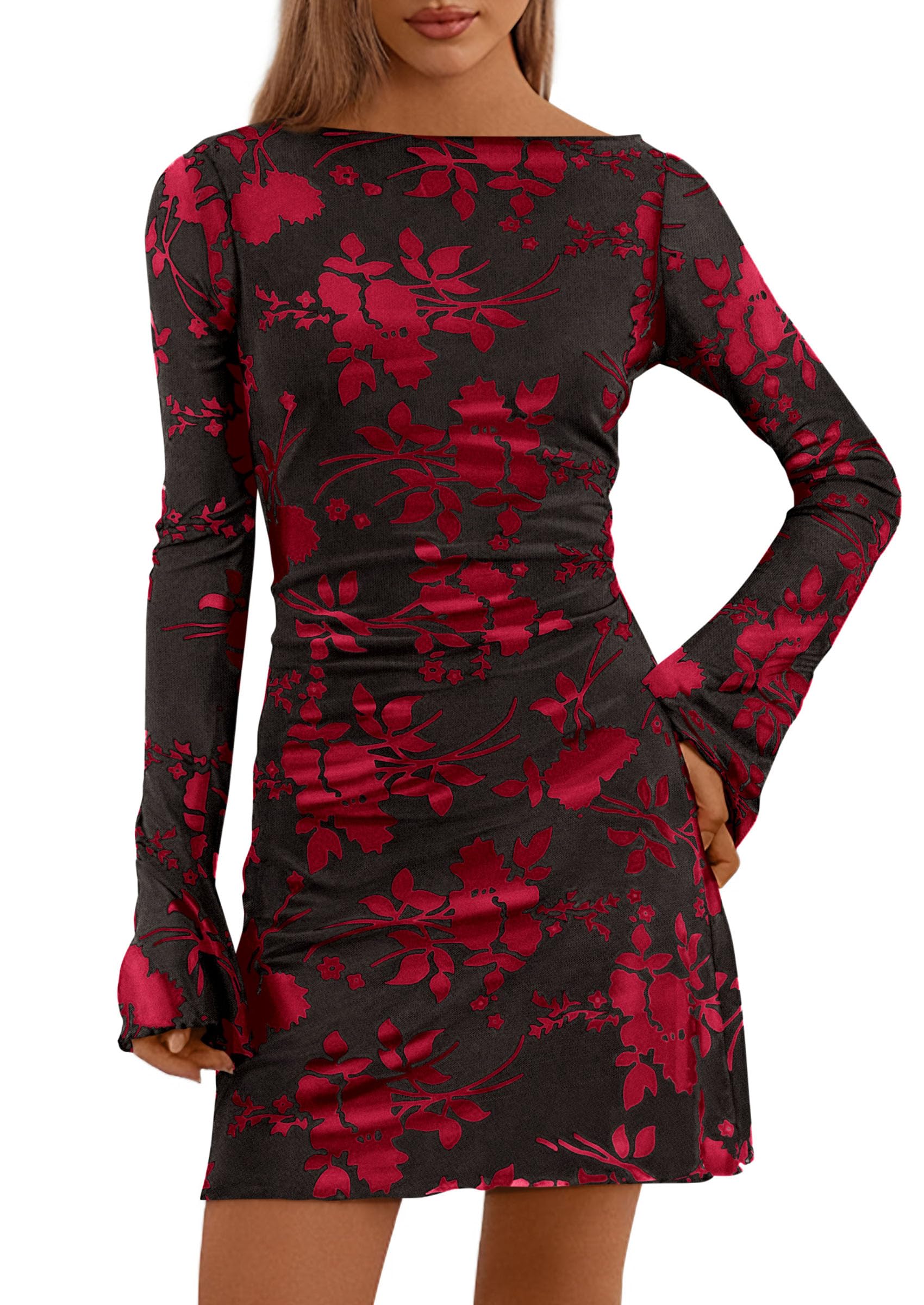 PRETTYGARDEN Women's Fall Fashion Floral Long Sleeve Mini Dress Mesh Bodycon Short Party Date Night Going Out Dresses