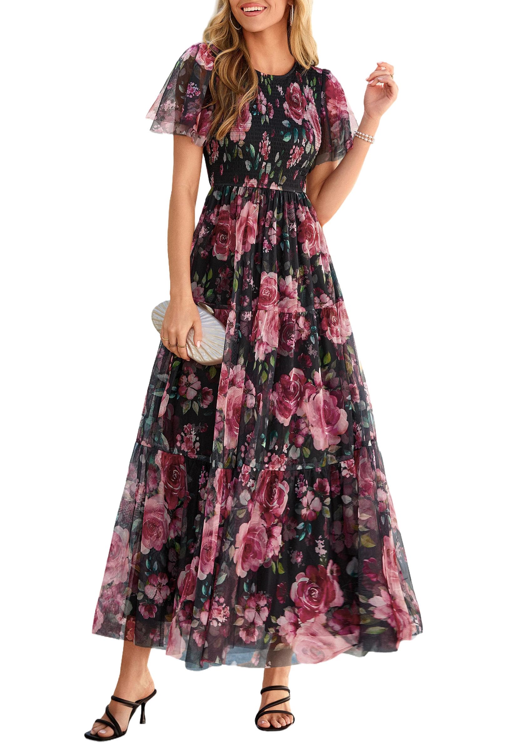 PRETTYGARDEN Tulle Floral Dress Women Summer Wedding Guest  Spring Short Sleeve Maxi Smocked Flowy Beach Party Dresses
