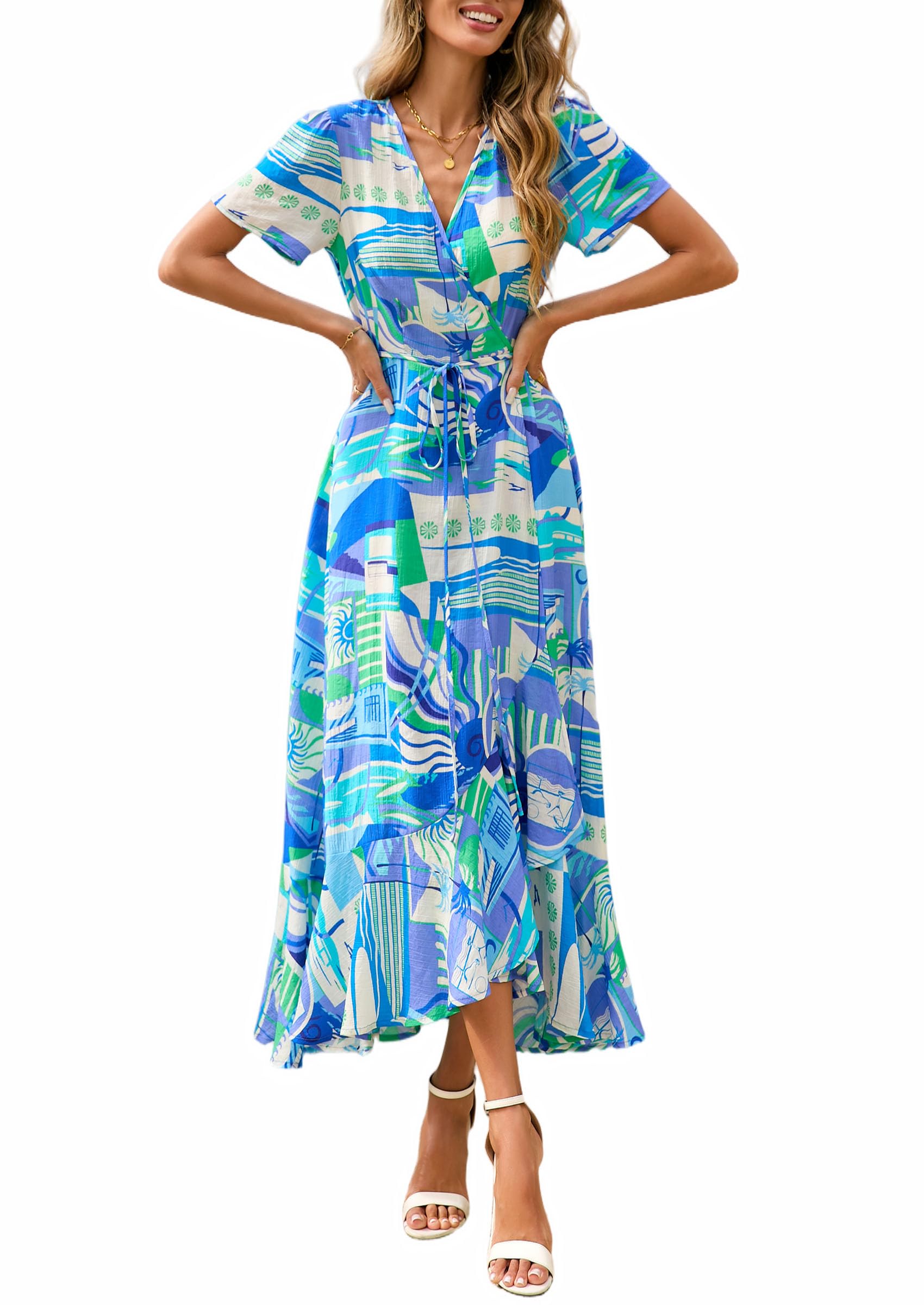 PRETTYGARDEN Women's Summer Maxi Dress Casual Wrap Floral Boho Short Sleeve V Neck Split Ruffle Beach Long Dresses