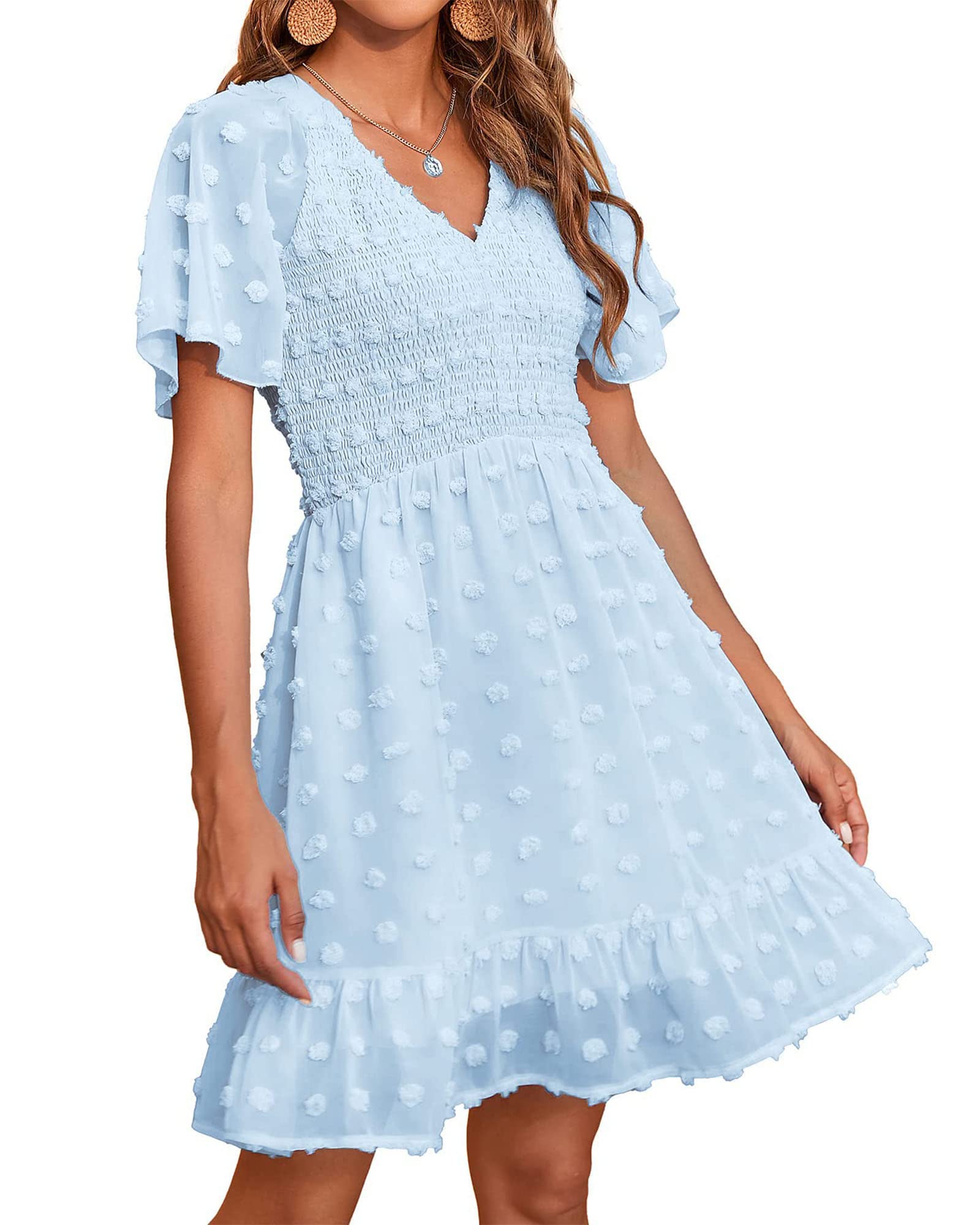 FreshPretty Womens Beach Vacation Dress Summer V Neck Short Sleeve Smocked Swiss Dot Ruffle Casual Mini Spring Dresses