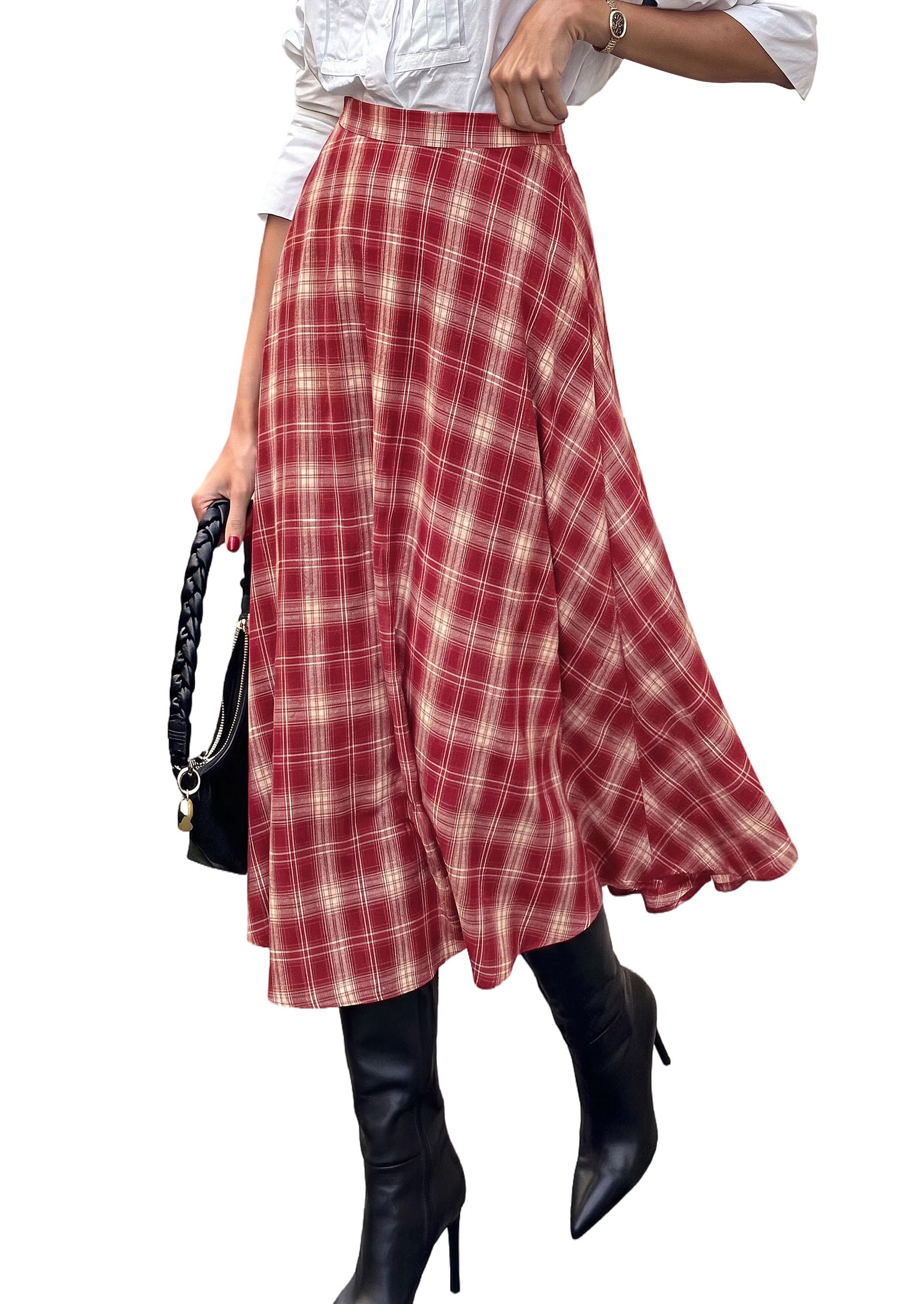 PRETTYGARDEN Women's Plaid High Waisted A-Line Midi Skirts