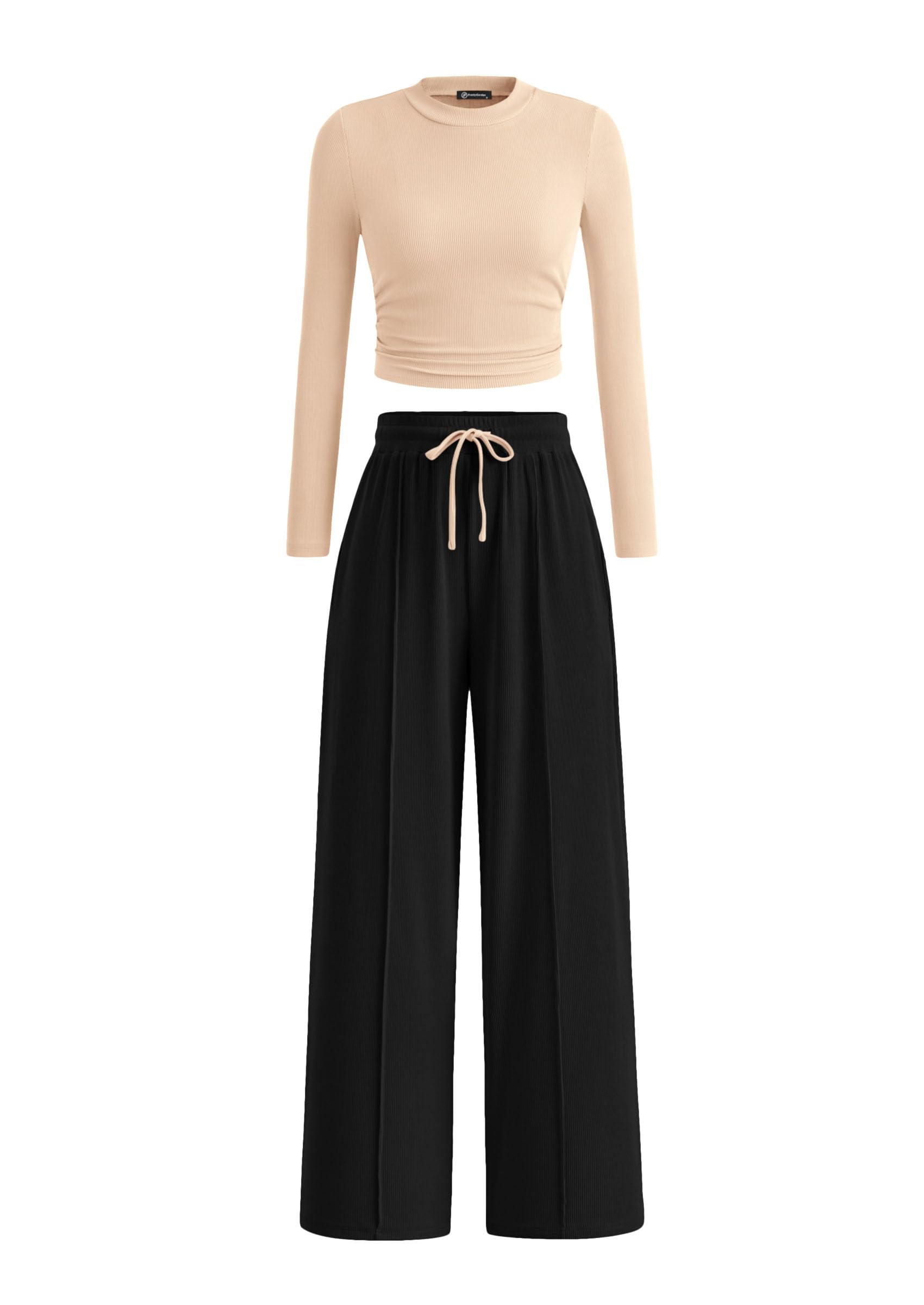 PRETTYGARDEN Women's 2 Piece Loungewear Long Sleeve Crop Top Wide Leg Palazzo Pants Set Tracksuits Casual Outfit
