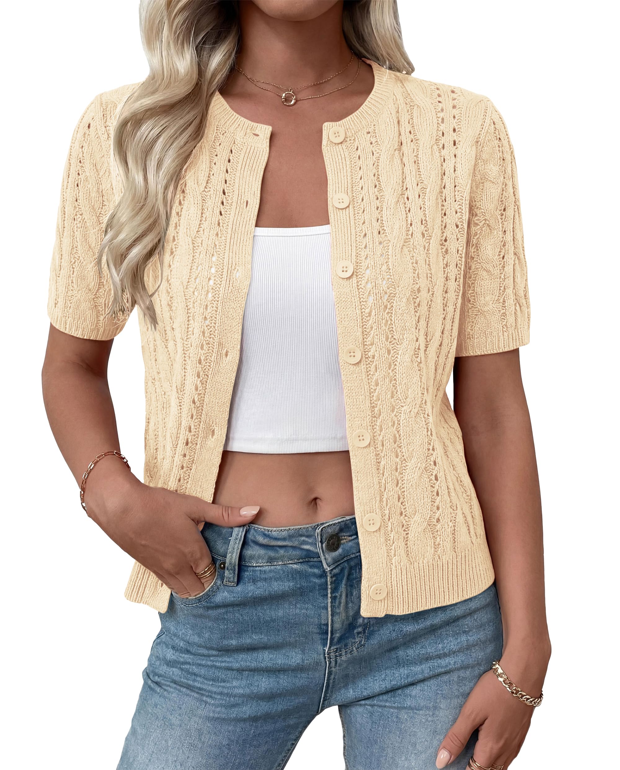 FreshPretty  Women Summer Cable Knit Crochet Cardigan Sweaters Casual Button Short Sleeve Sweater Cute Beach Hollow Out Knit Top