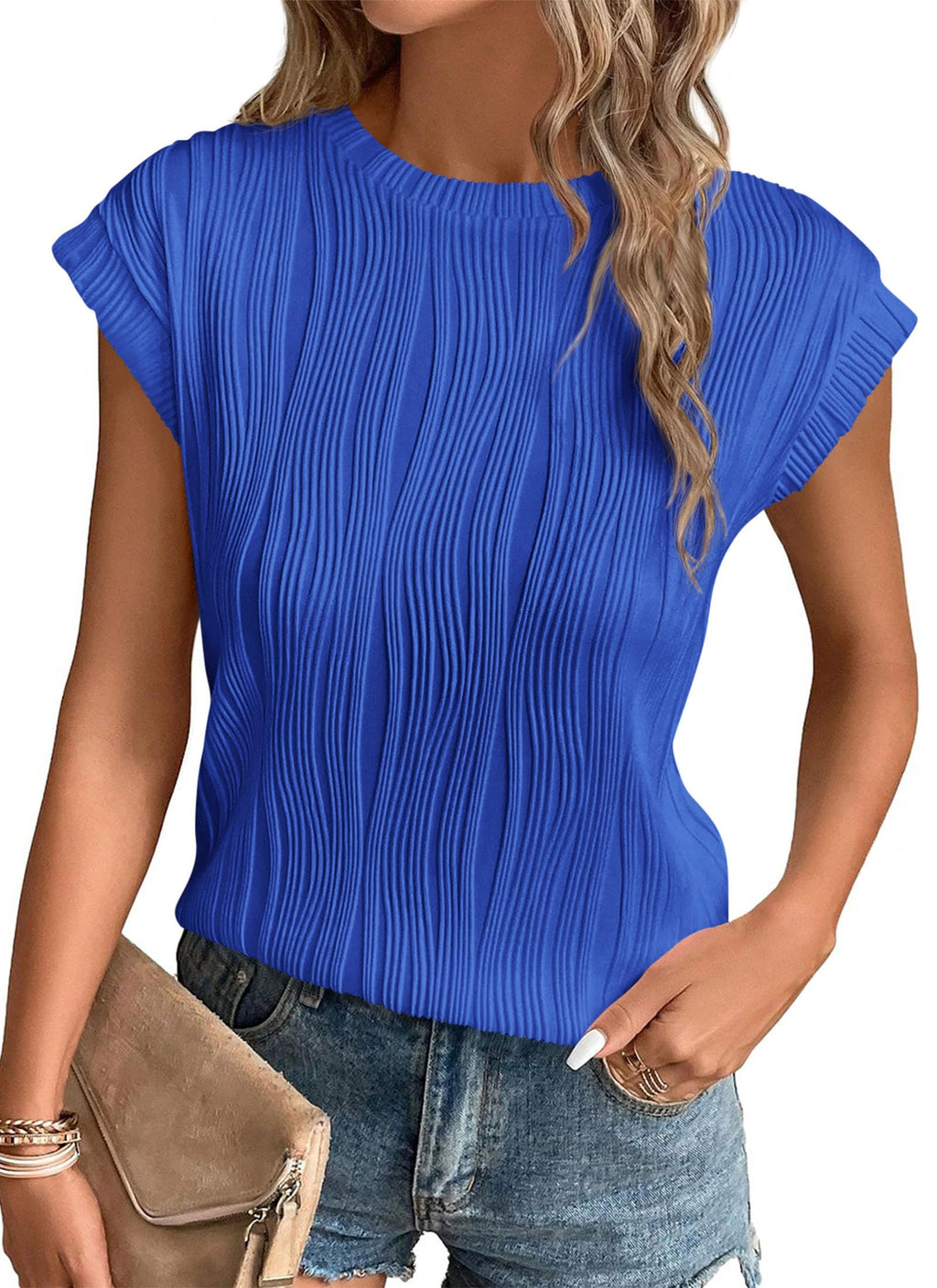 PRETTYGARDEN Blouses for Women Dressy Casual Spring Summer Business Office Tops Cap Sleeve Textured Cute Work Shirt
