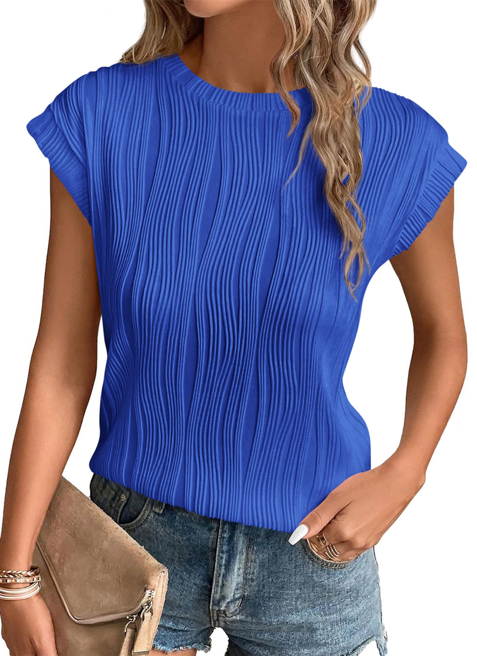 PRETTYGARDEN Blouses for Women Dressy Casual Spring Summer Business Office Tops Cap Sleeve Textured Cute Work Shirt