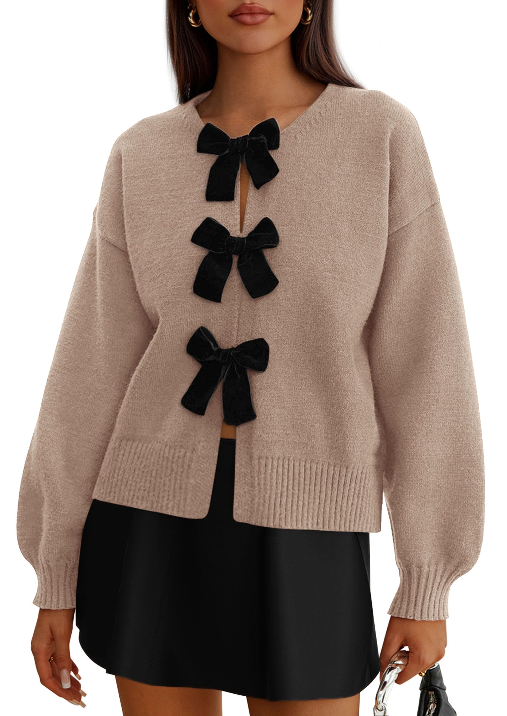 PRETTYGARDEN Cardigan Sweaters for Women Fall Fashion Bow Tie Front Long Sleeve Knit Sweater Tops Cute Winter Clothes