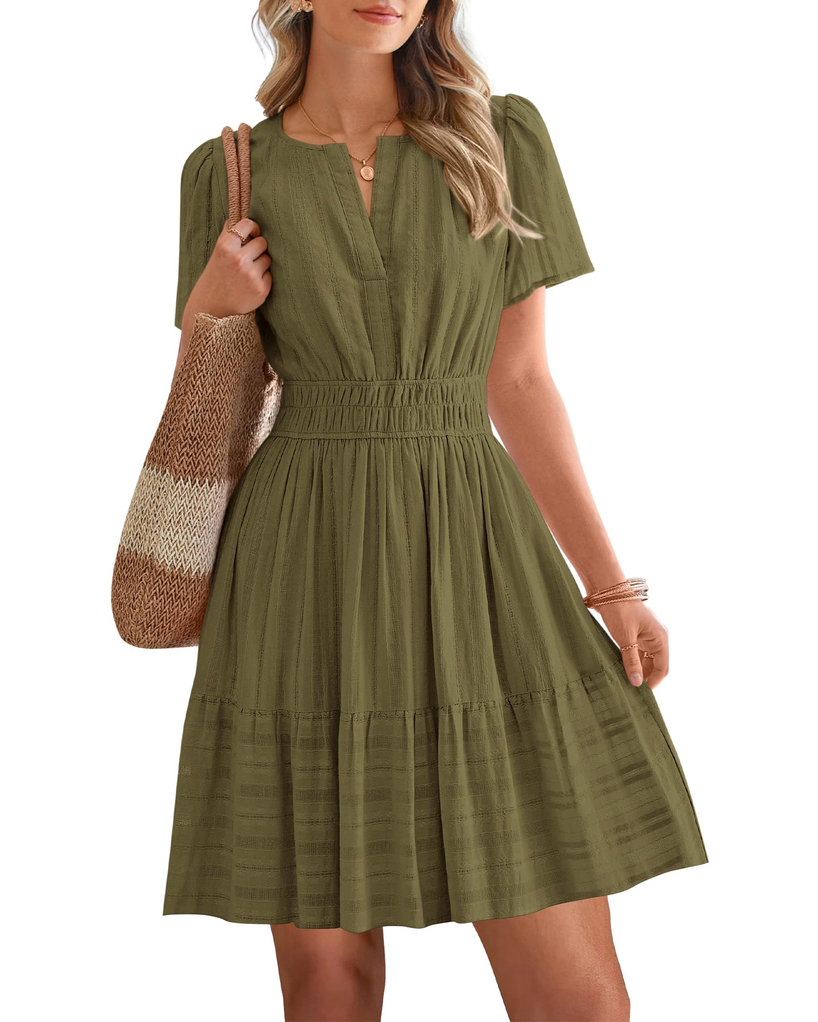 BTFBM Womens Spring  Casual Mini Dresses Lightweight Short Sleeve V Neck Elastic Waist Cute Boho Beach Dress Pockets