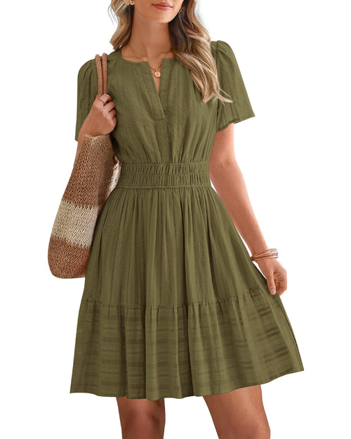 BTFBM Womens Spring  Casual Mini Dresses Lightweight Short Sleeve V Neck Elastic Waist Cute Boho Beach Dress Pockets