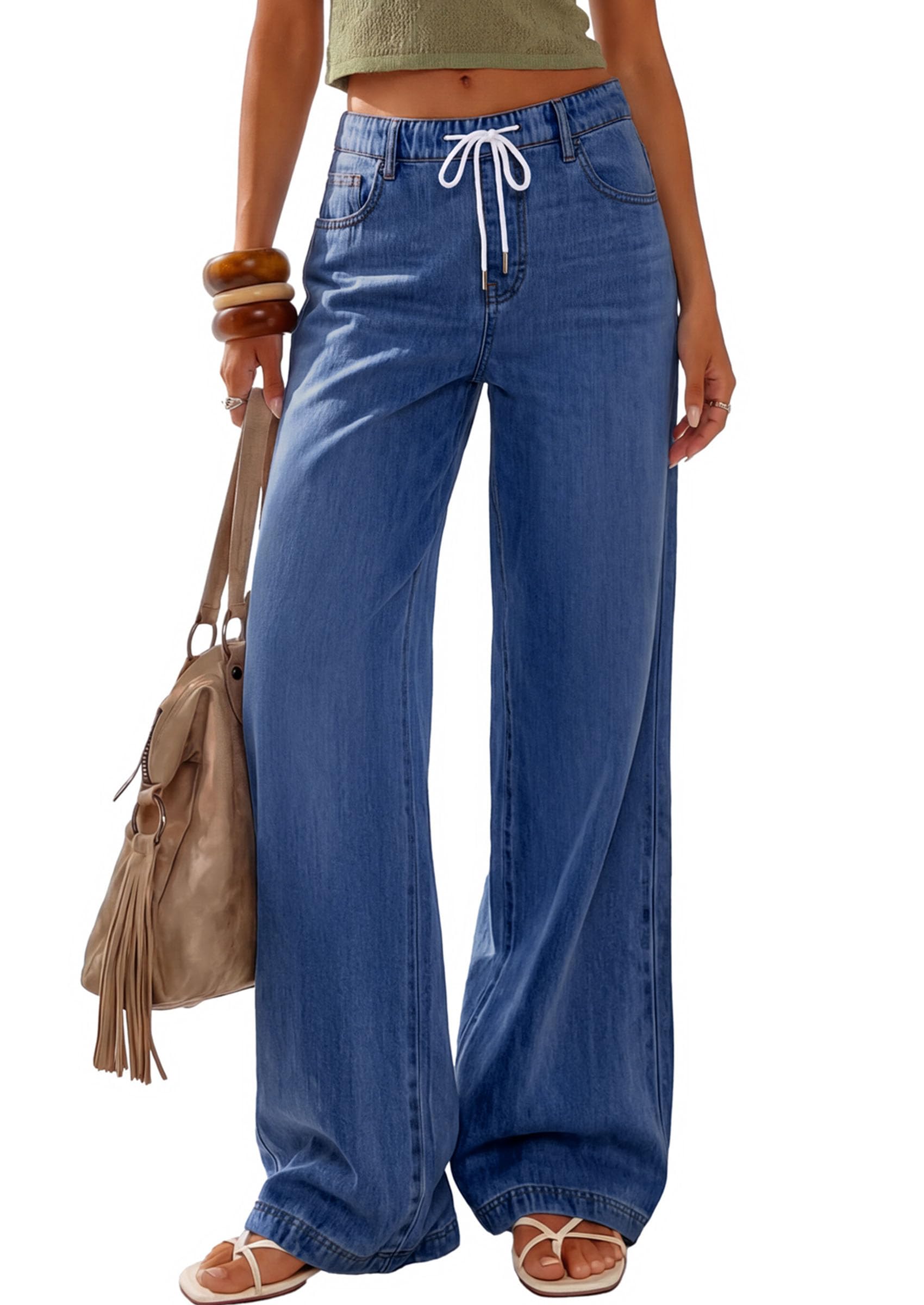 PRETTYGARDEN Womens Stretchy Drawstring Wide Leg Jeans | Casual High Waisted, Baggy Straight Fit, Long Denim Pants With Pockets, Work Office Daily Street, Chic All Seasons