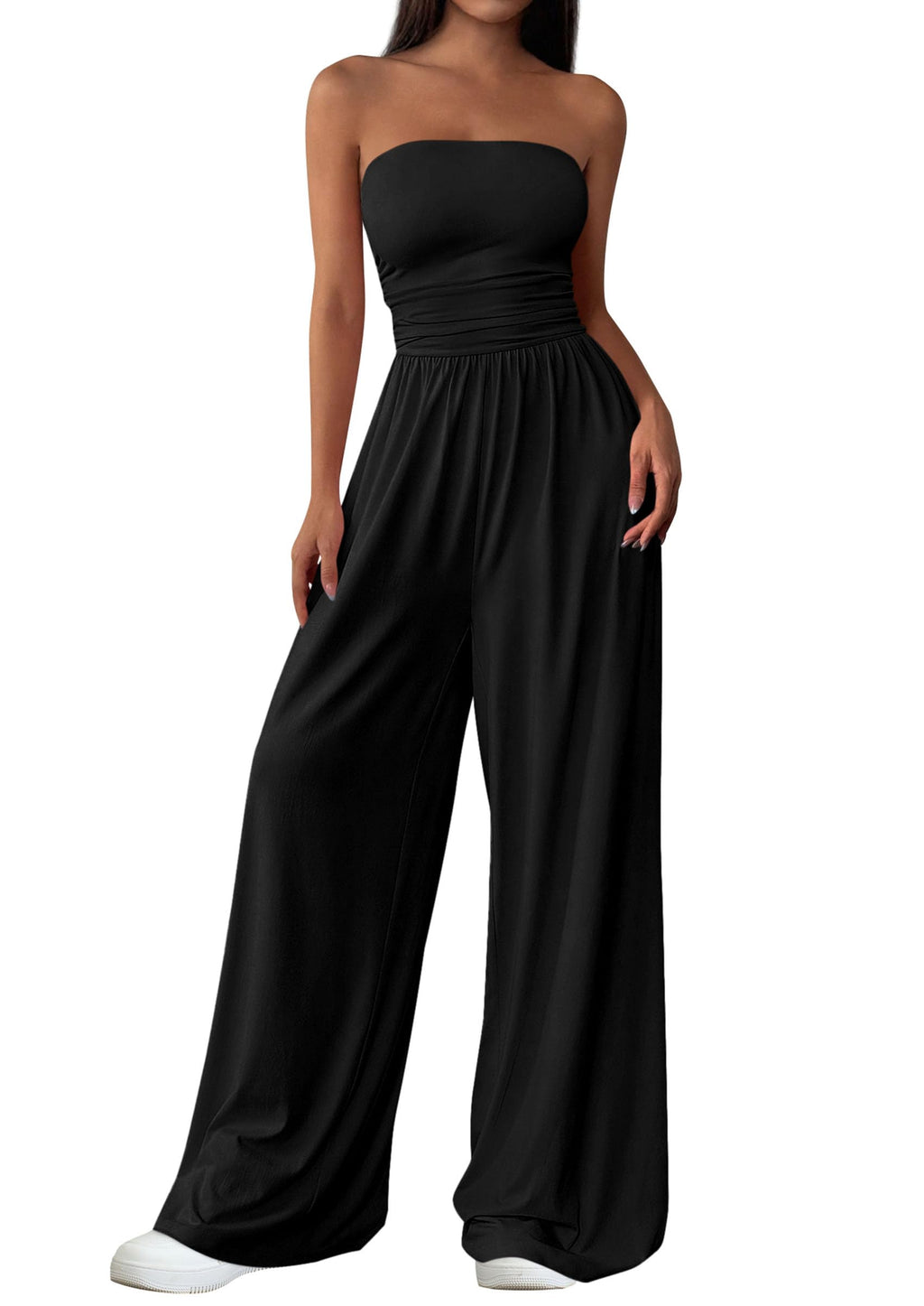 PRETTYGARDEN Womens Trendy Strapless Rompers Ruched Tube Top Wide Leg One Piece Jumpsuits Beach Vacation Summer Outfits