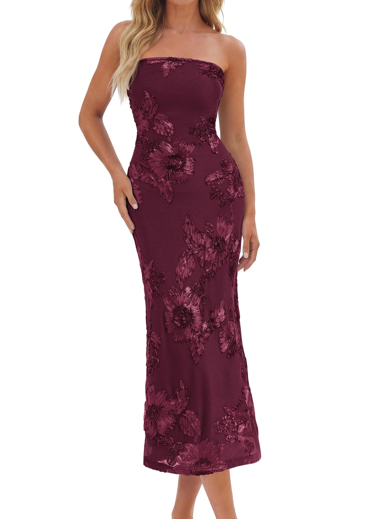PRETTYGARDEN Women's Summer Wedding Guest Floral Midi Dress Strapless Tube Top, Side Slit, Bodycon Mesh, Elegant Cocktail Dresses for Homecoming Party, Birthday, Dinner, Formal Gowns