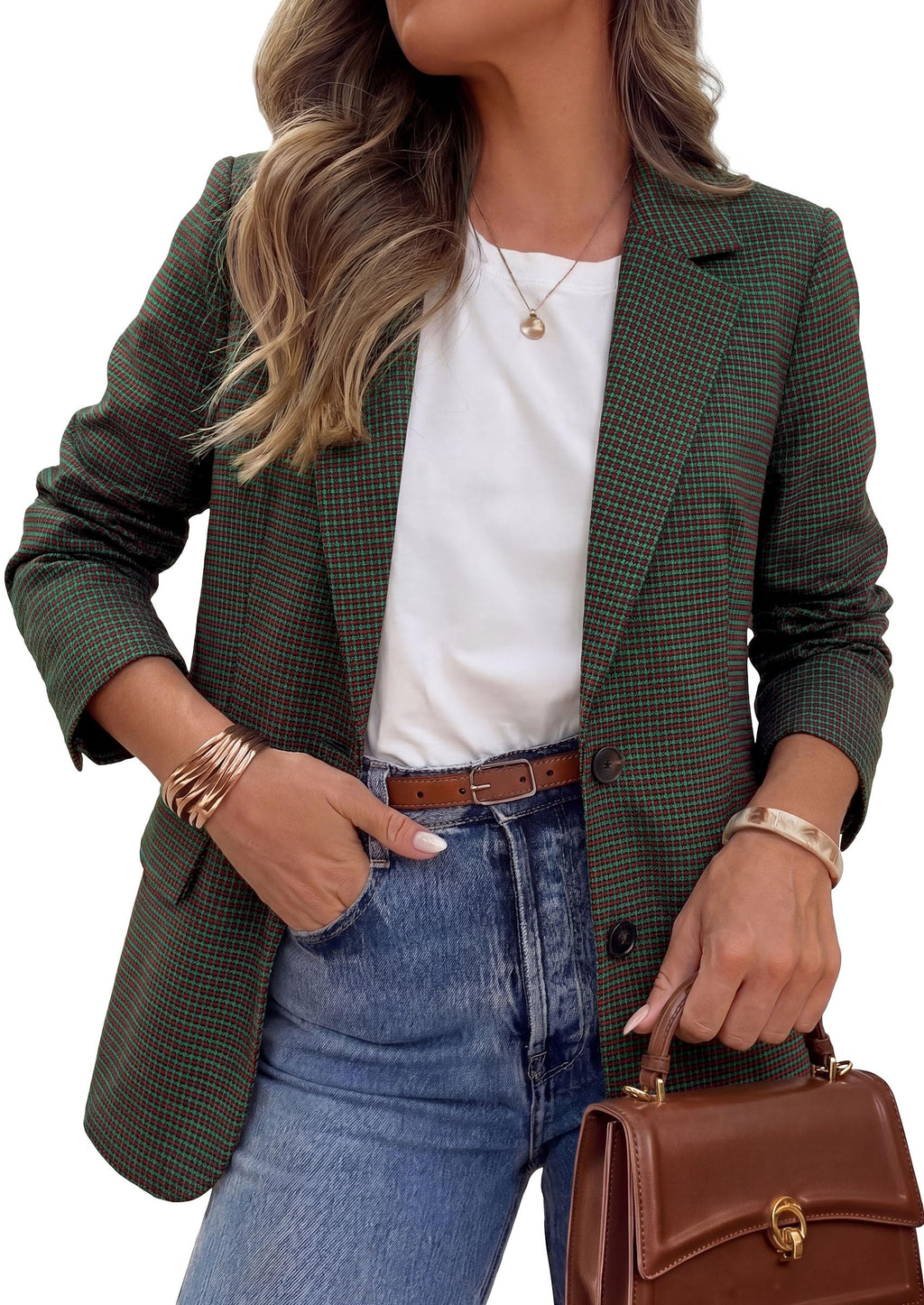 PRETTYGARDEN Fall Blazers for Women Business Casual | Long Sleeve Plaid Houndstooth, Notch Lapel Pockets, Oversized Blazer Outerwear, Trendy Suit Jackets, 2026 Winter Work Outfits