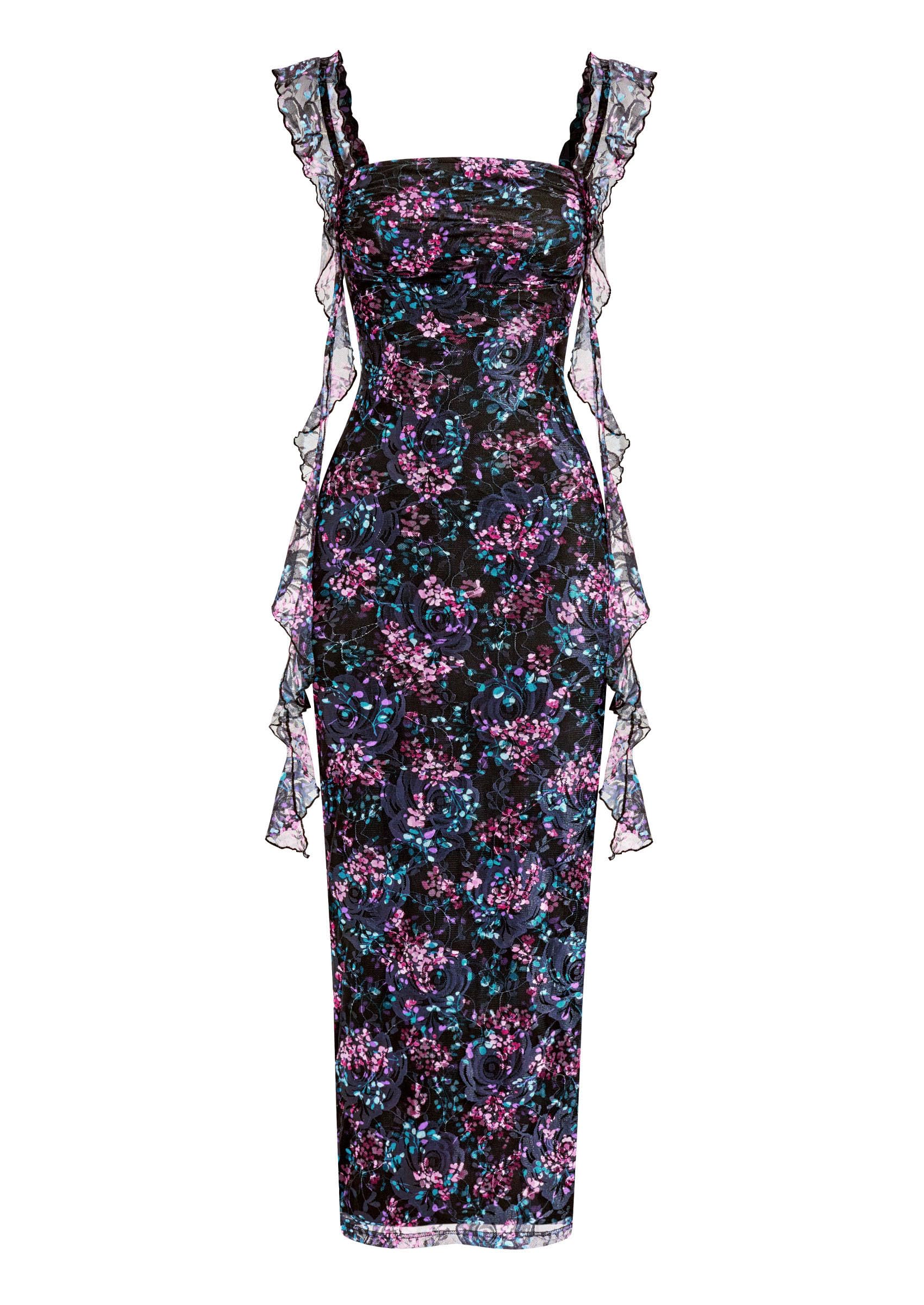 PRETTYGARDEN Floral Dress for Women  Summer Formal Ruched Lace Ruffle Spring Cocktail Wedding Guest Maxi Long Dresses