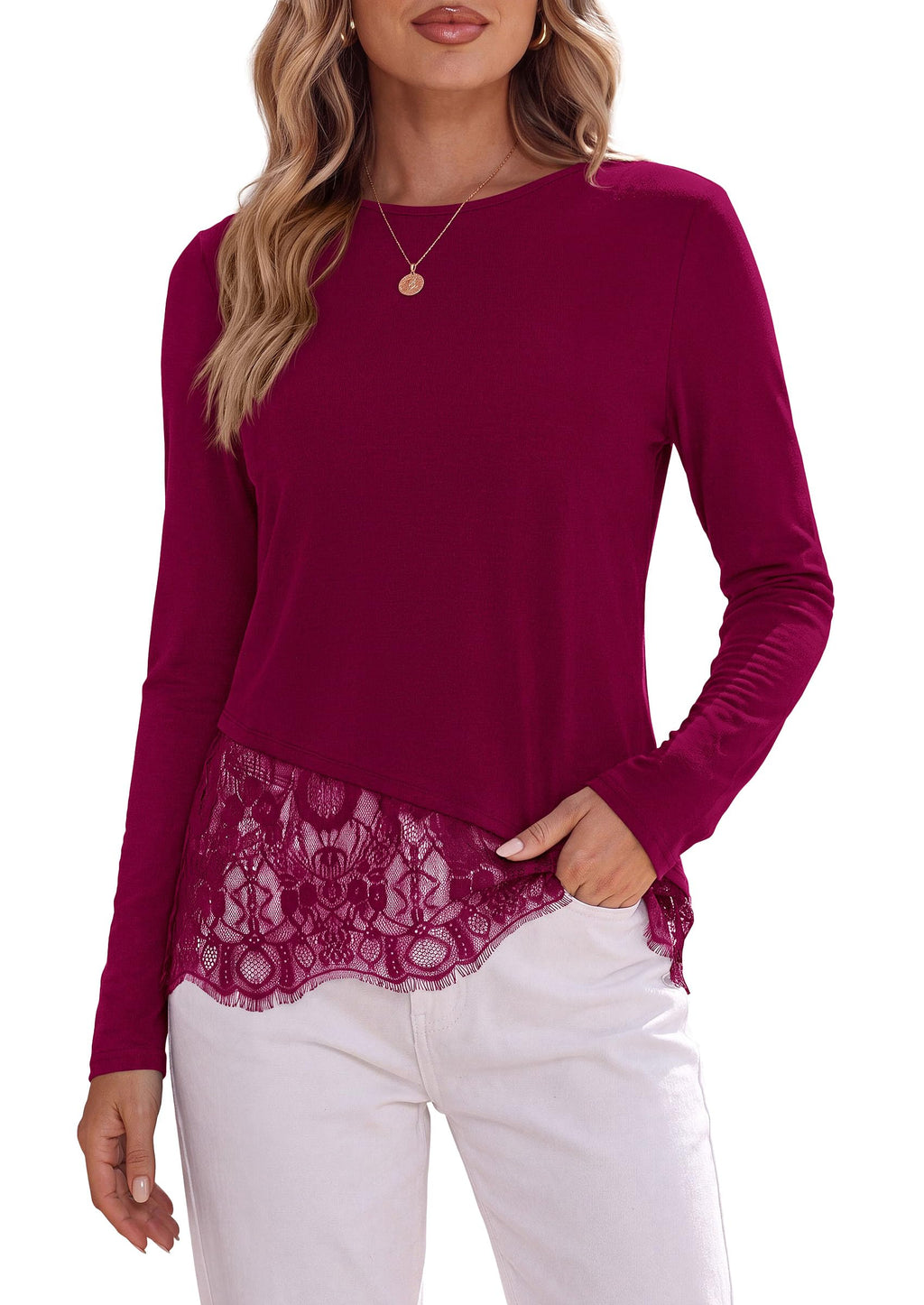 PRETTYGARDEN Women's Lace Patchwork Long Sleeve Shirts | Soft Casual Tops,Irregular Asymmetrical Hem,Crew Neck Thermal Blouses,Loose Fit Layer Tee,Fashion Fall Winter Daily Wear