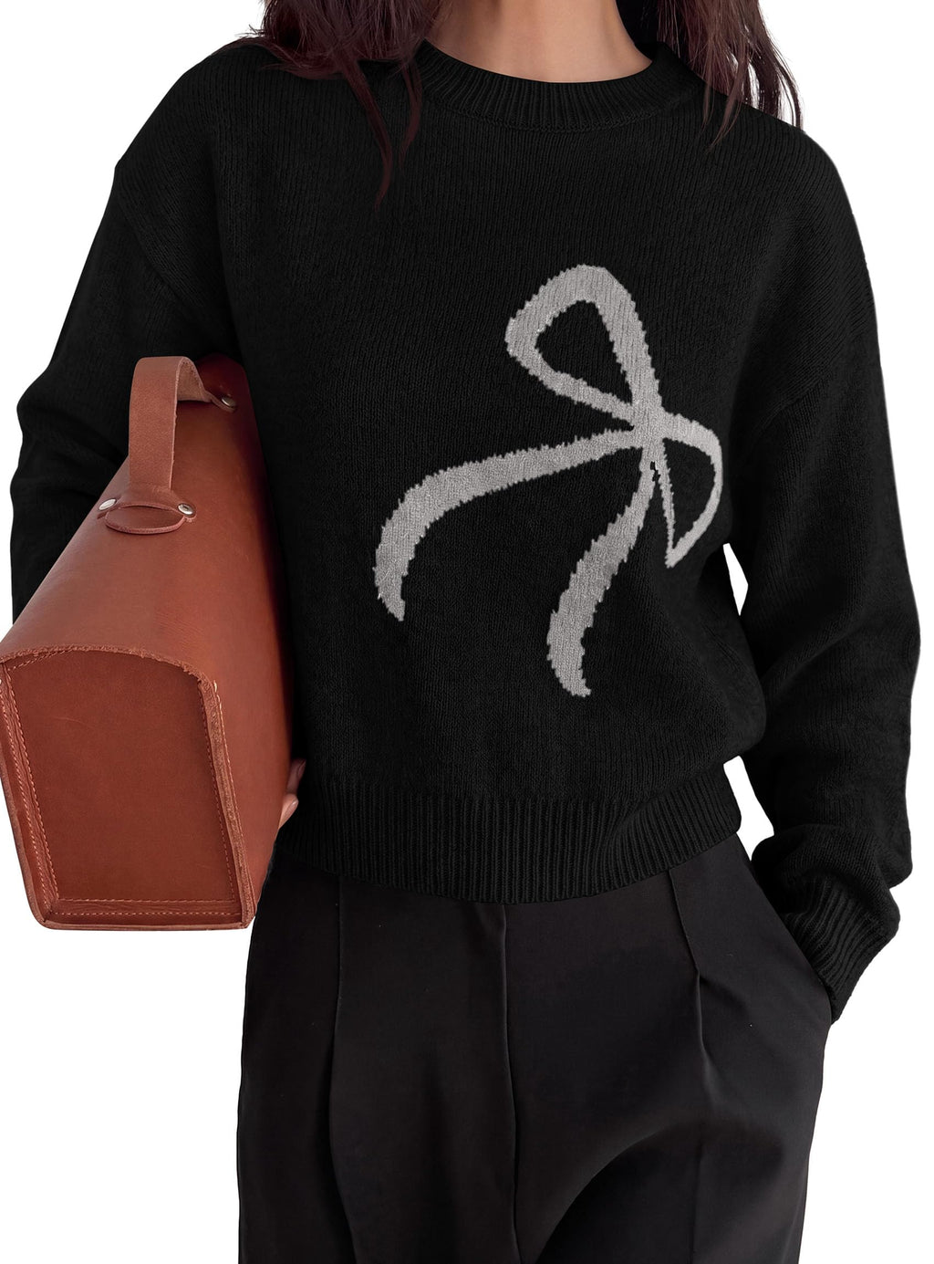 PRETTYGARDEN Womens Bow Sweater Cute Crewneck Long Sleeve Tops Fall Soft Cozy Knit Pullover,Relaxed Fit,Holiday Sweaters,Daily Wear,Work Office,Casual Going Out Y2k Tops,Winter Fashion Clothing