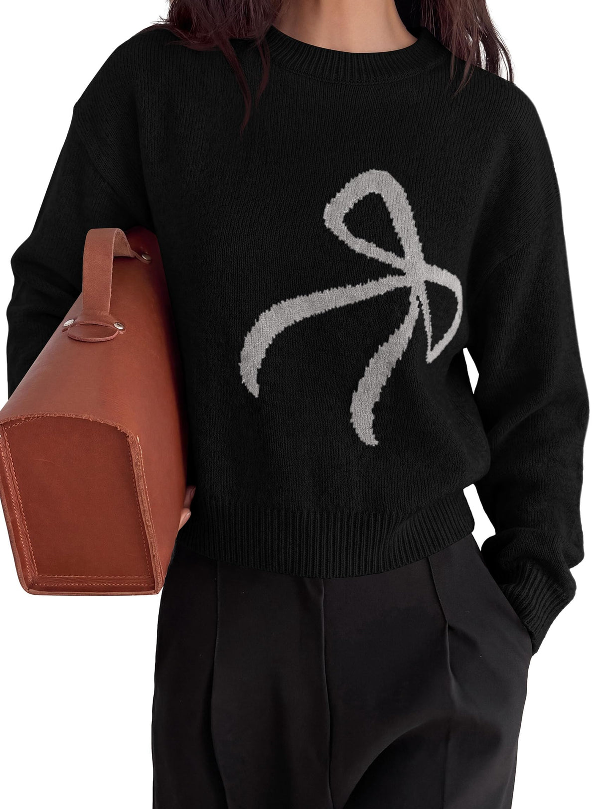 PRETTYGARDEN Womens Bow Sweater Cute Crewneck Long Sleeve Tops Fall Soft Cozy Knit Pullover,Relaxed Fit,Holiday Sweaters,Daily Wear,Work Office,Casual Going Out Y2k Tops,Winter Fashion Clothing