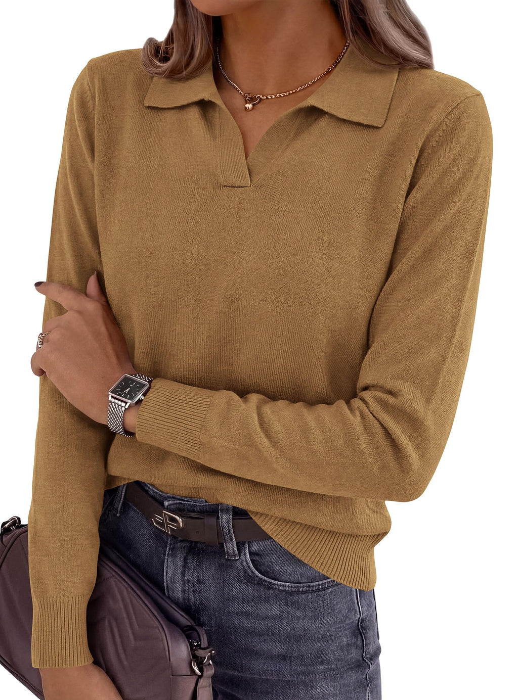 PRETTYGARDEN Womens Long Sleeve Collared Polo Sweater | Breathable Soft Ribbed Knit, Lapel V Neck Pullover Sweaters, Business Casual Work Office Tops, 2026 Trendy Fall Outfits