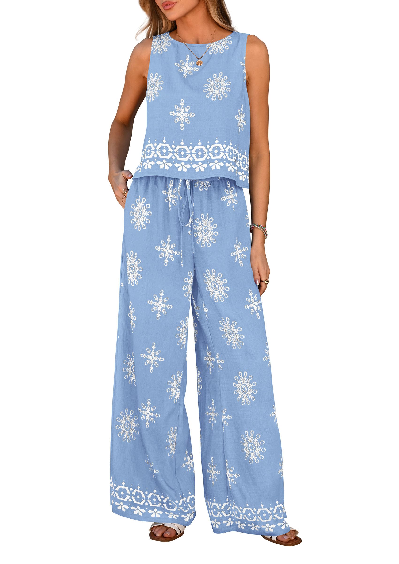 PRETTYGARDEN Women's Summer 2 Piece Lounge Sets Boho Floral Tank Tops Flowy Wide Leg Pants Travel Beach Vacation Outfits