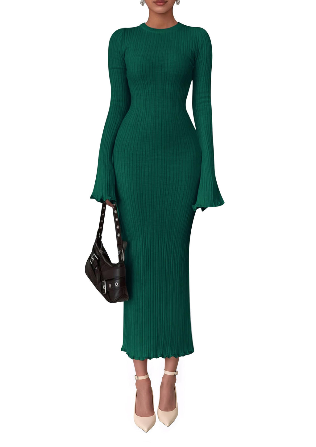 PRETTYGARDEN Sweater Dresses for Women  Fall Bell Long Sleeve Crew Neck Bodycon Maxi Dress Winter Ribbed Knit Outfits